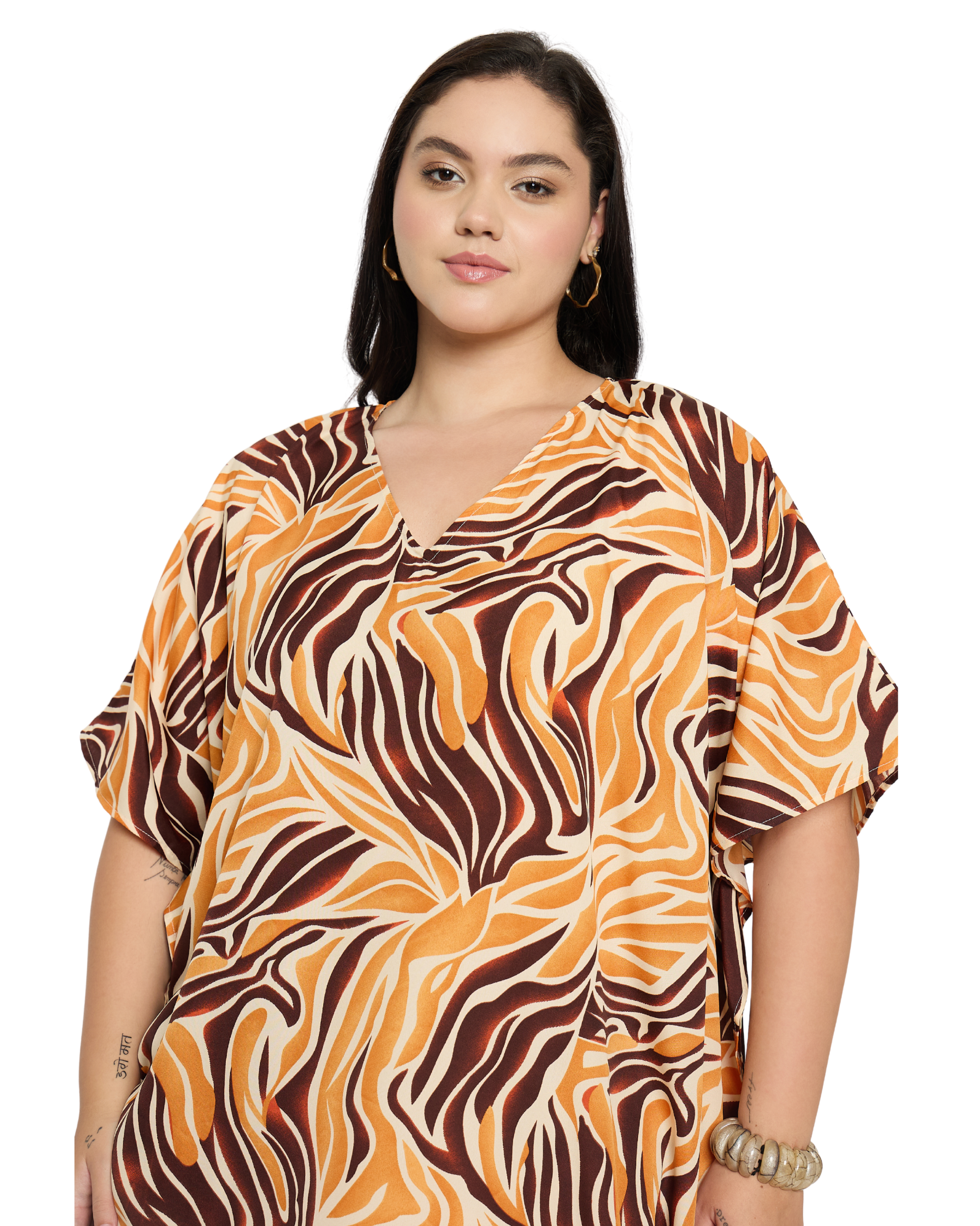 Swirl Print Orange Plus Size Caftan Dress for Women