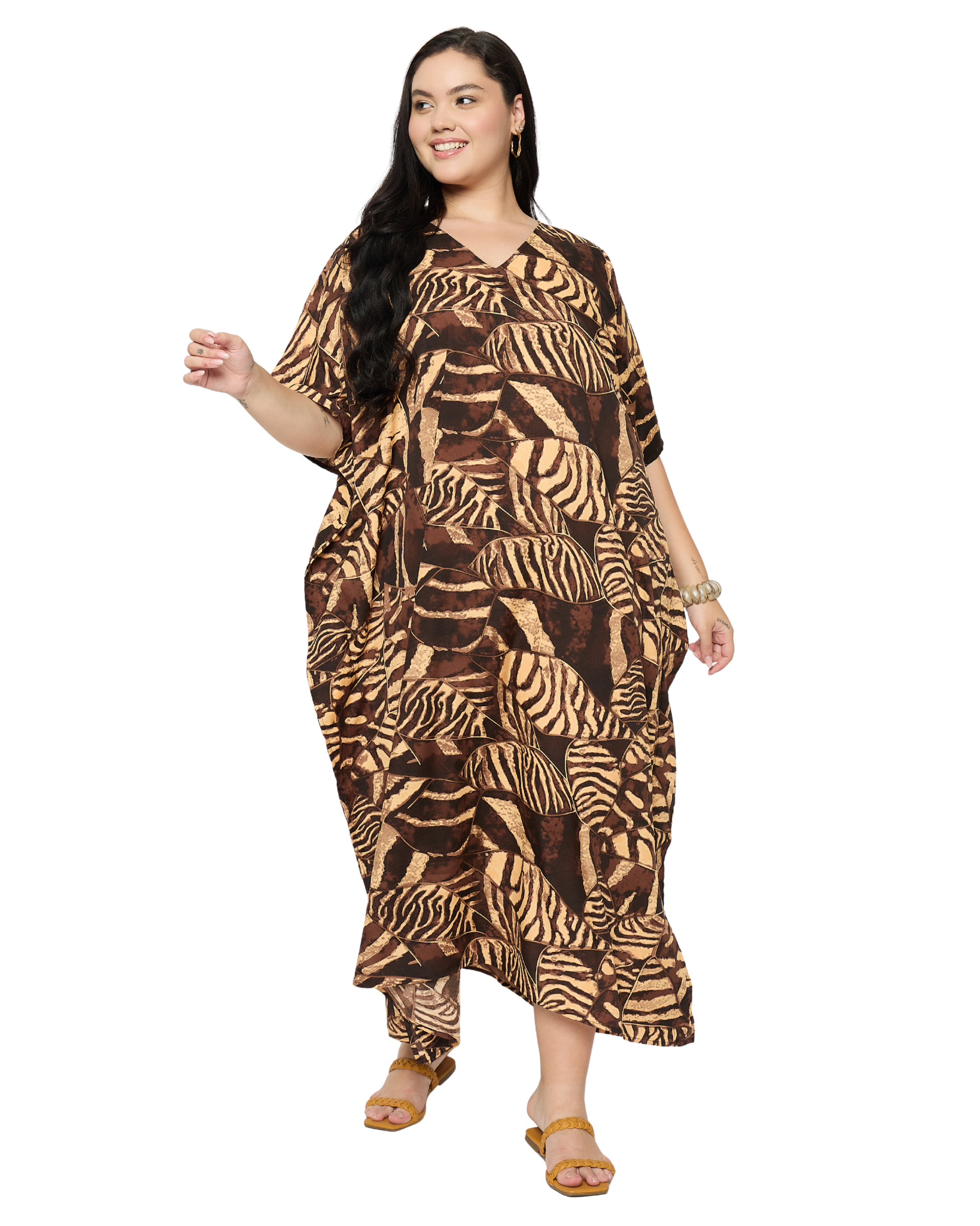 Chocolate Brown Animal Polyester Women Plus Size Caftan
