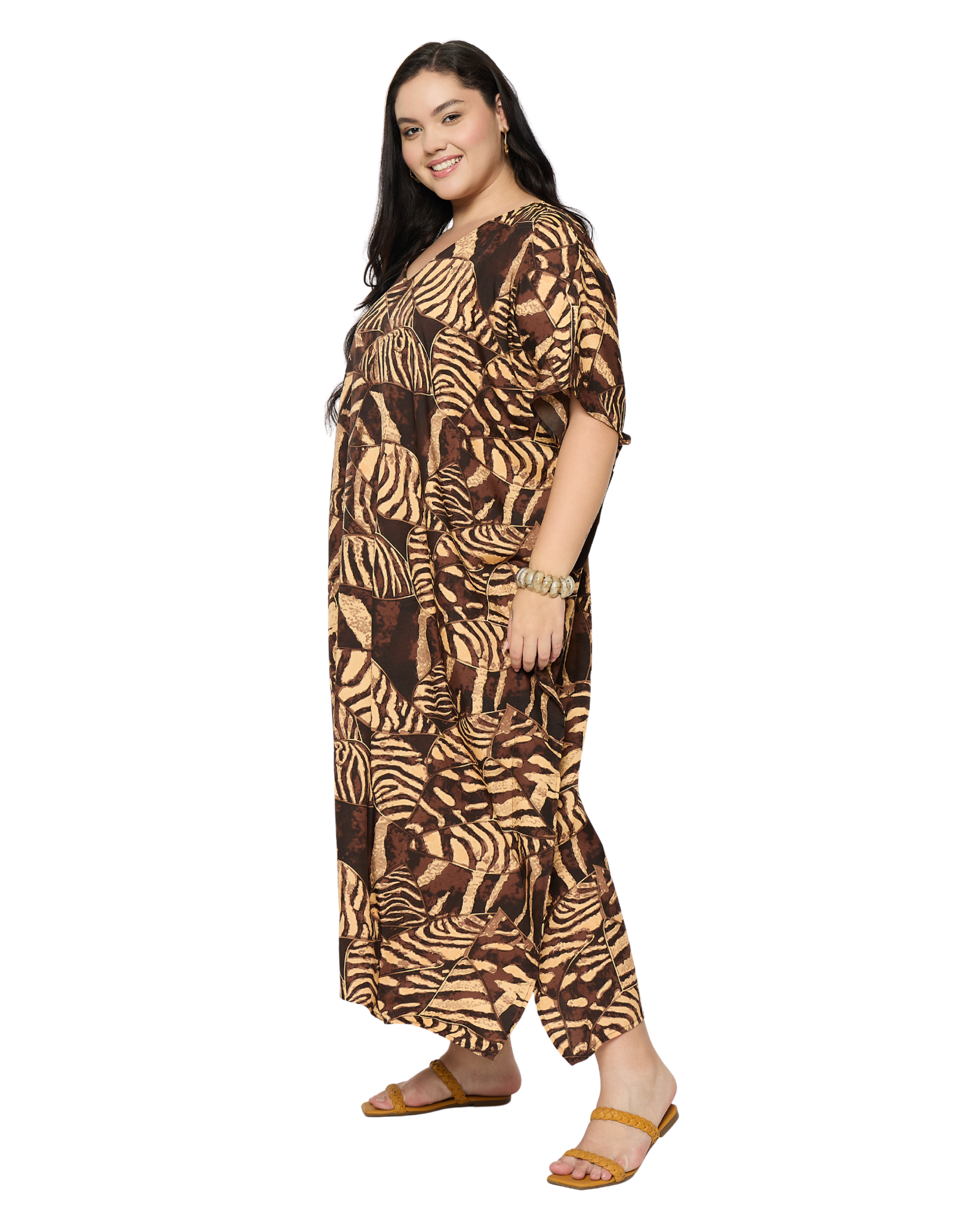 Chocolate Brown Animal Polyester Women Plus Size Caftan