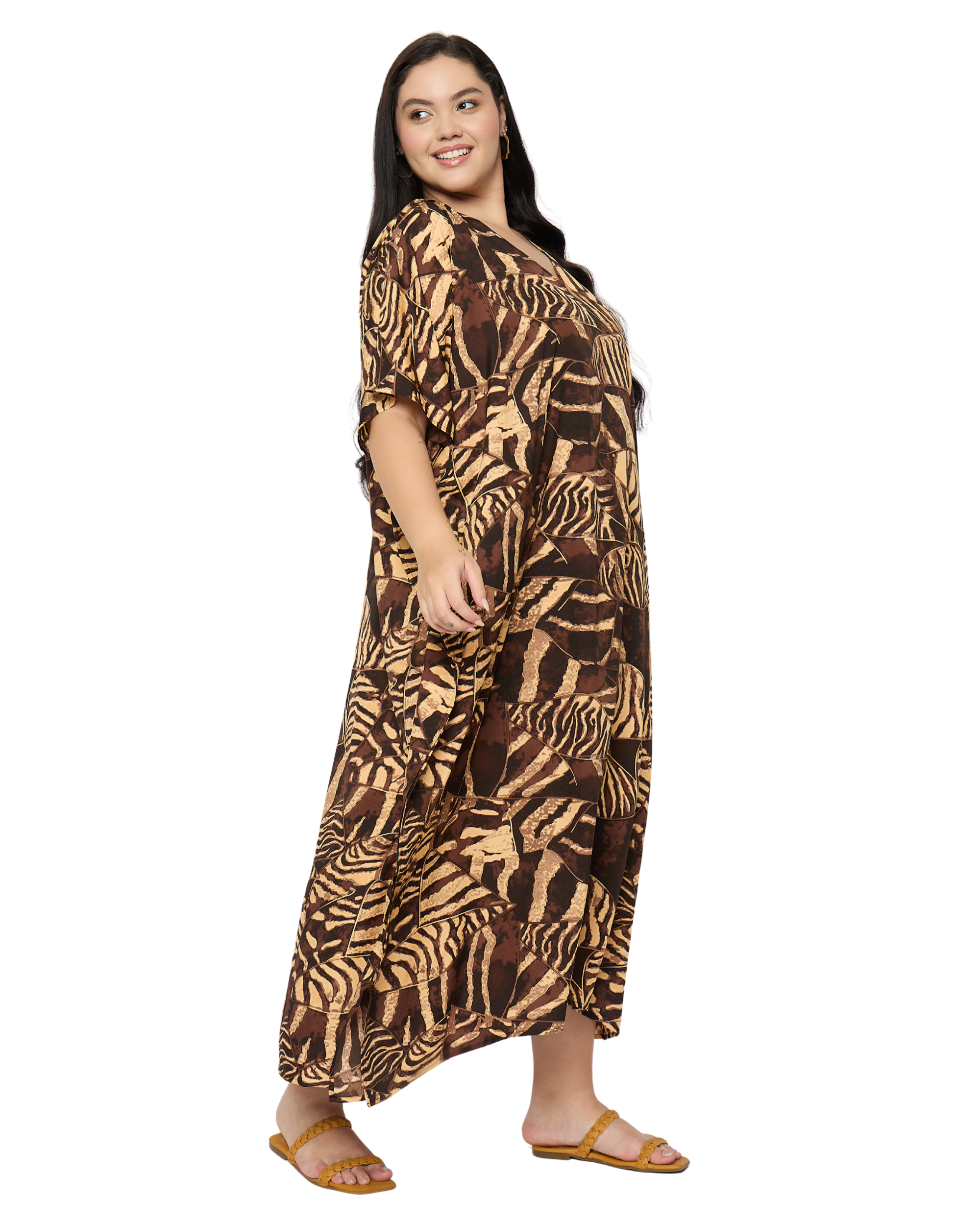 Chocolate Brown Animal Polyester Women Plus Size Caftan