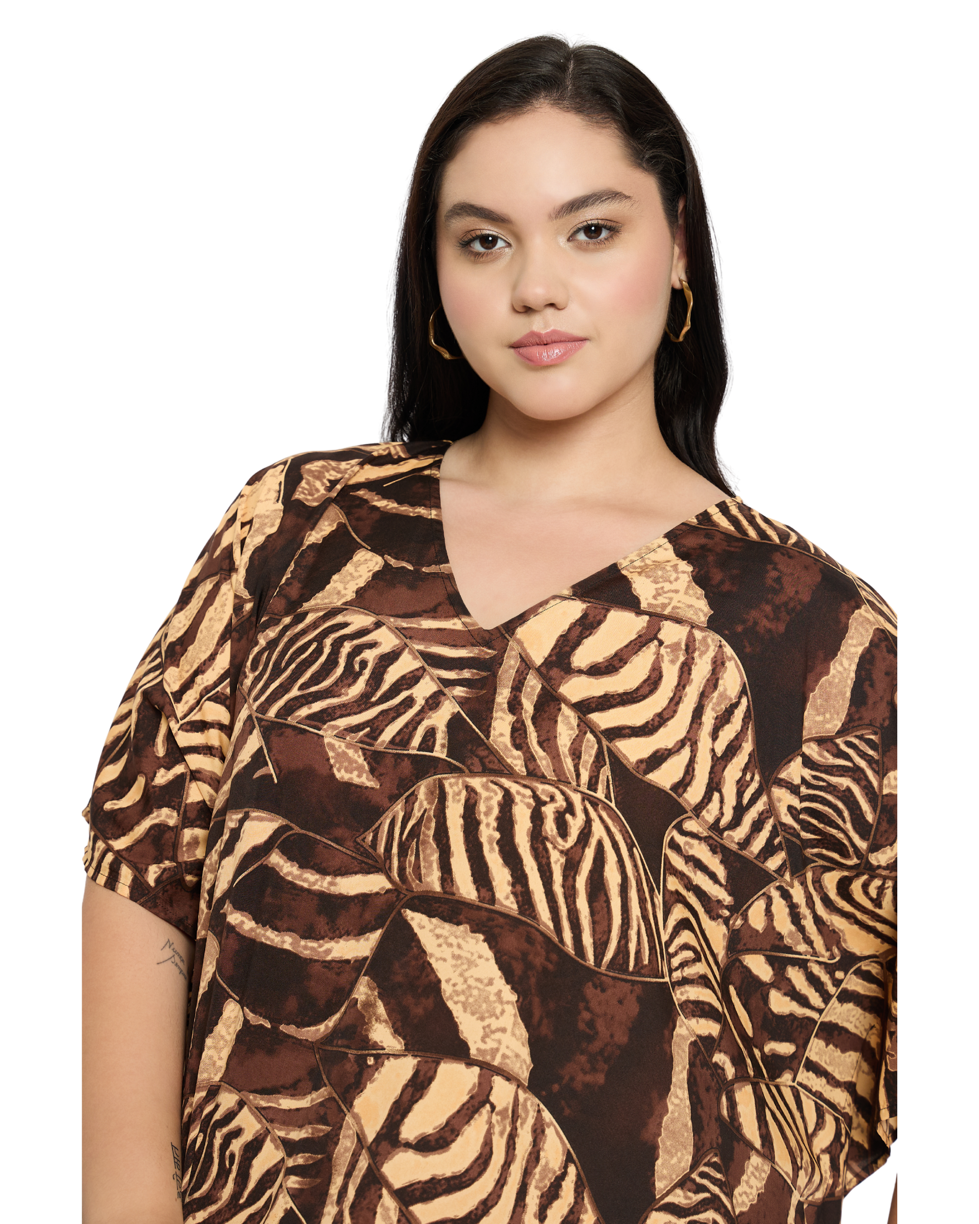 Chocolate Brown Animal Polyester Women Plus Size Caftan