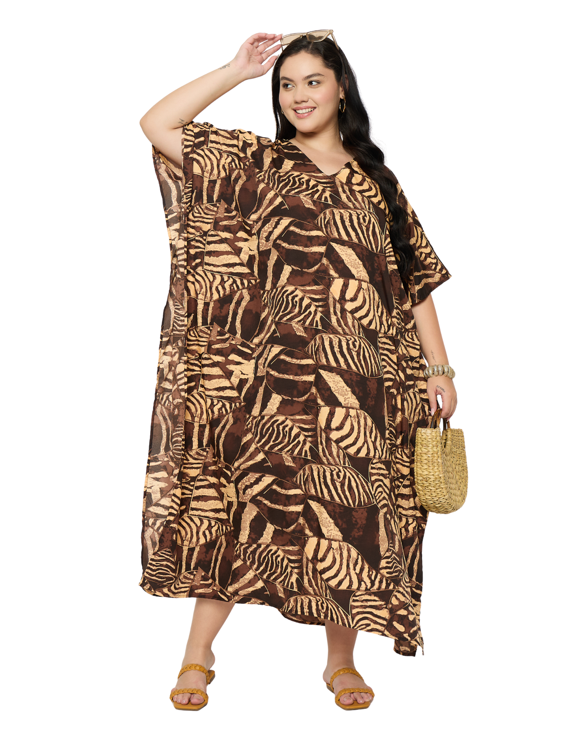 Chocolate Brown Animal Polyester Women Plus Size Caftan