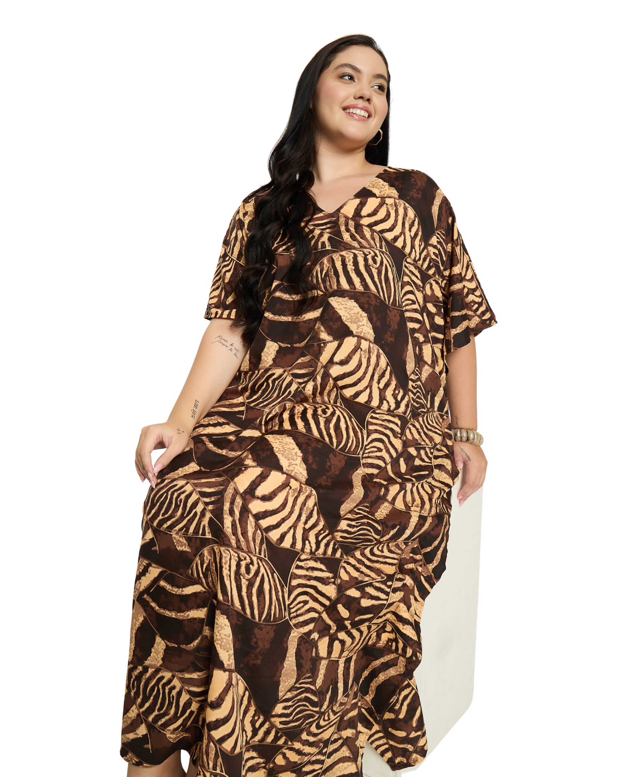 Chocolate Brown Animal Polyester Women Plus Size Caftan