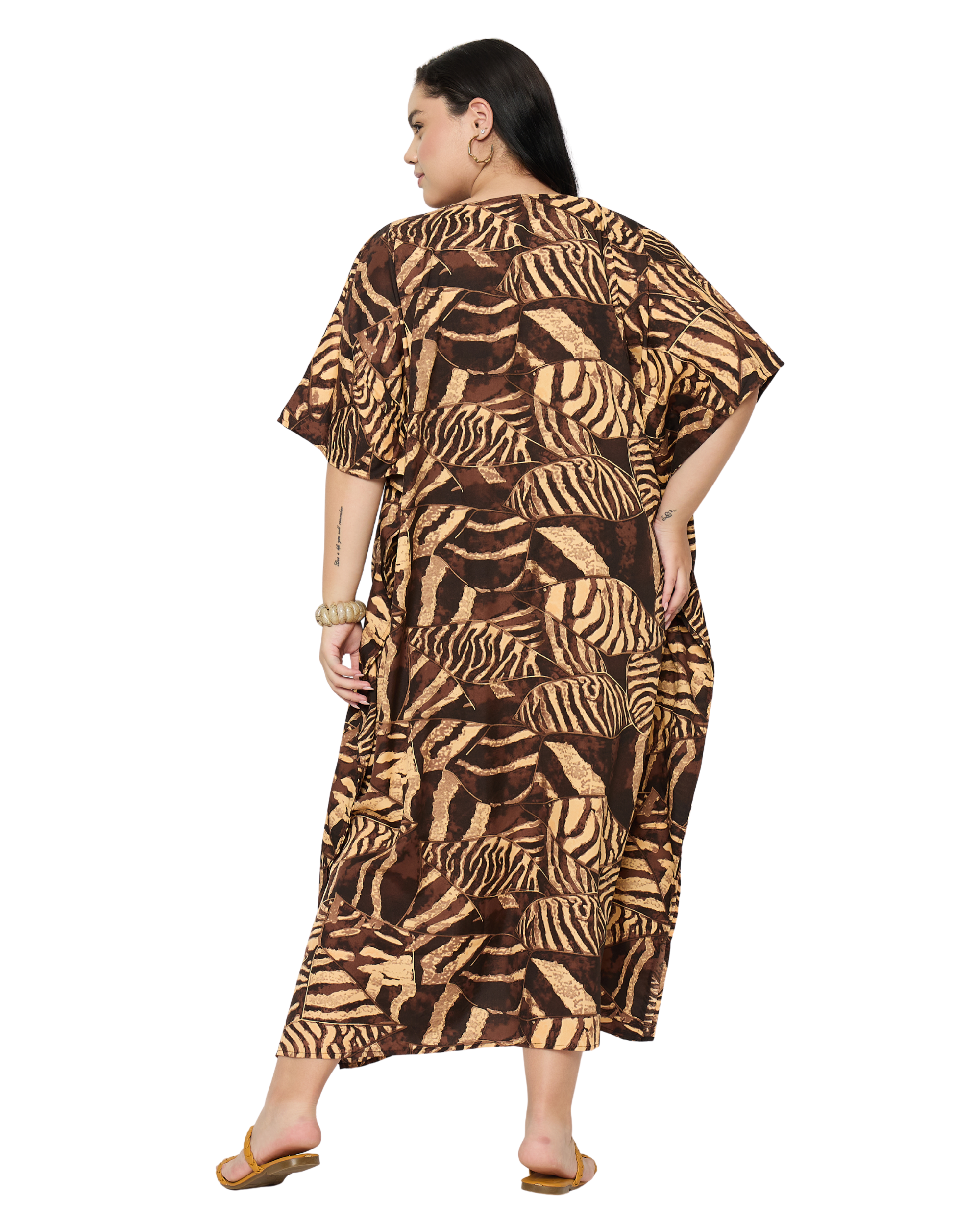 Chocolate Brown Animal Polyester Women Plus Size Caftan