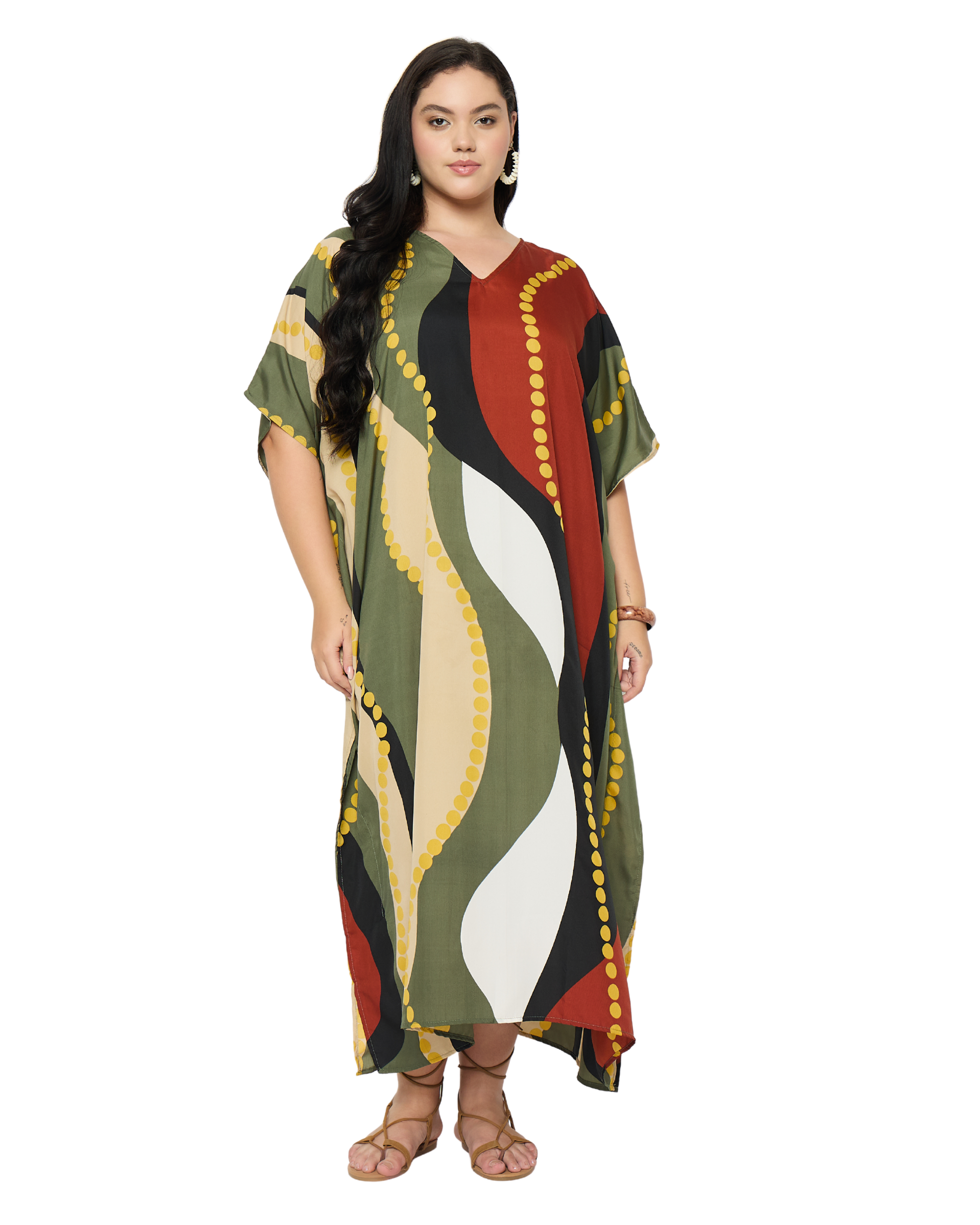 Olive Wavy Lines Polyester Plus Size Kaftan Dress for Women