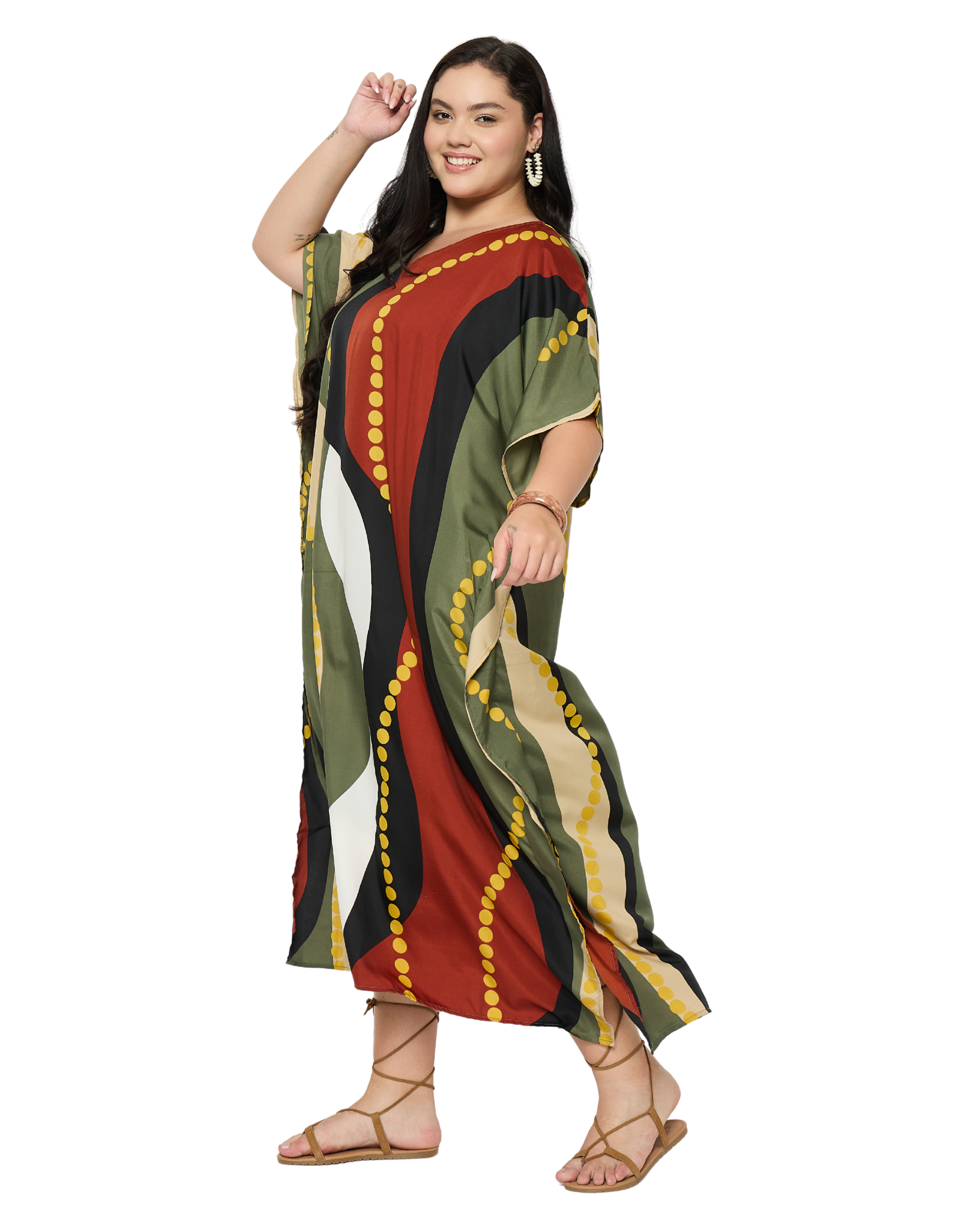 Olive Wavy Lines Polyester Plus Size Kaftan Dress for Women