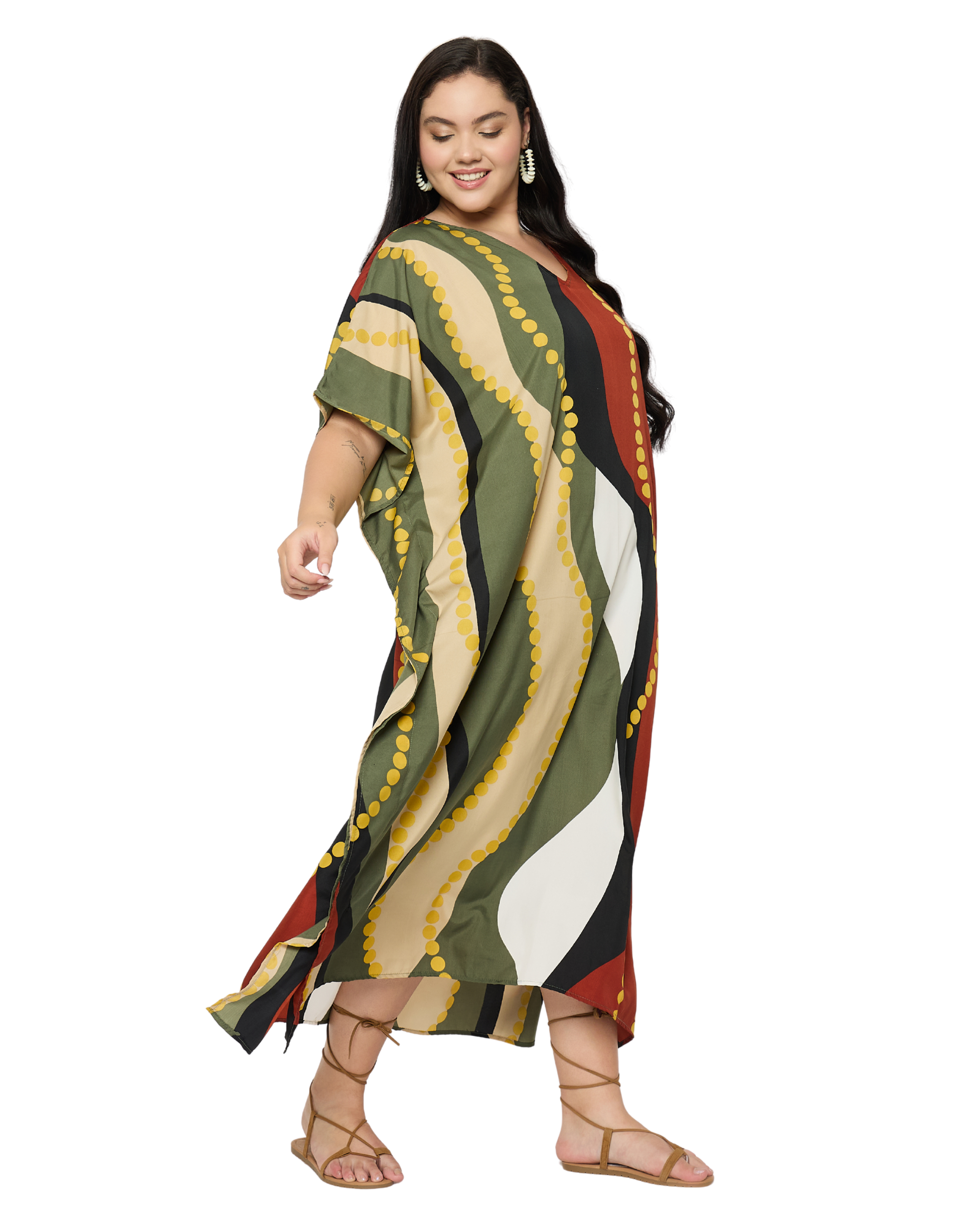 Olive Wavy Lines Polyester Plus Size Kaftan Dress for Women