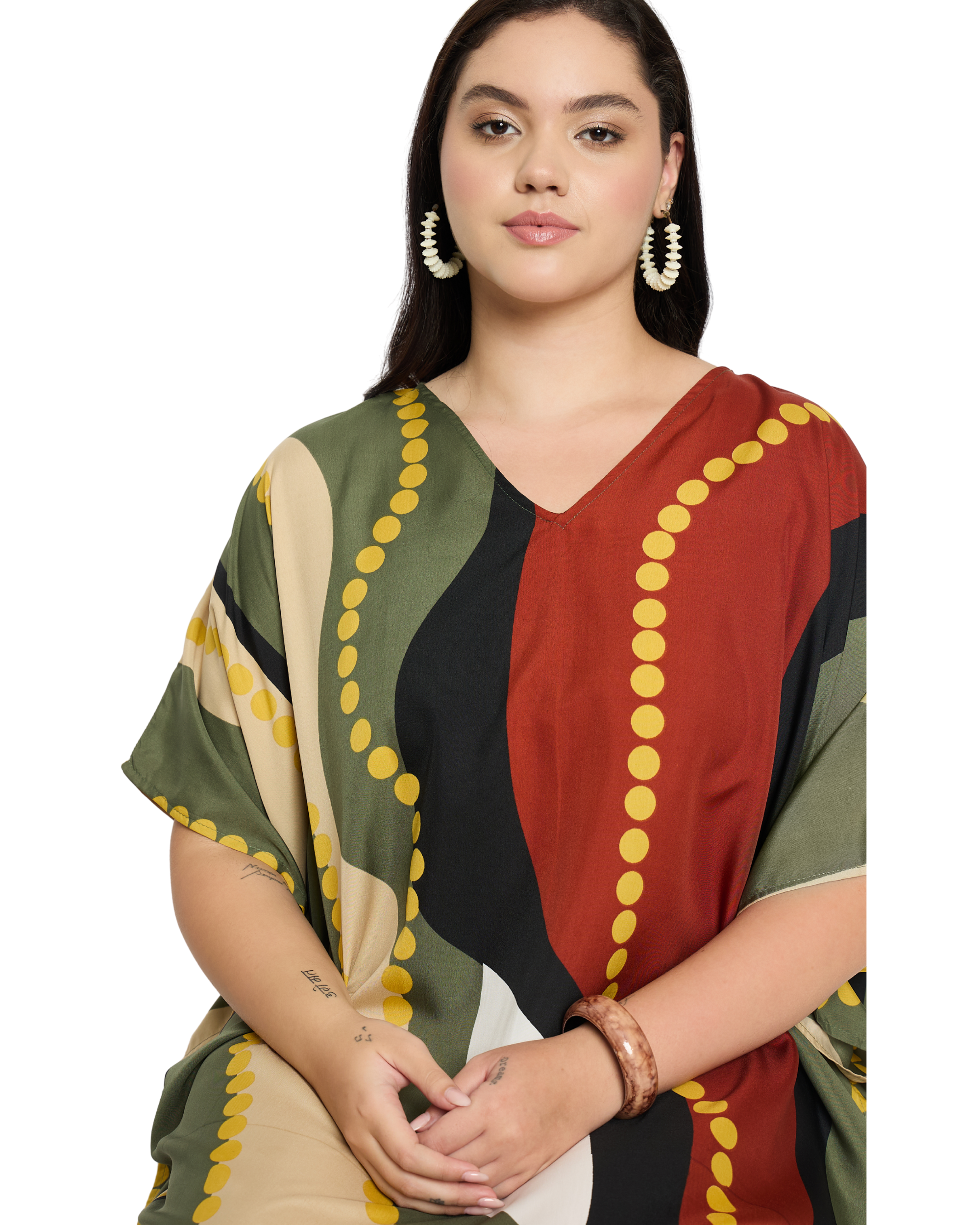 Olive Wavy Lines Polyester Plus Size Kaftan Dress for Women