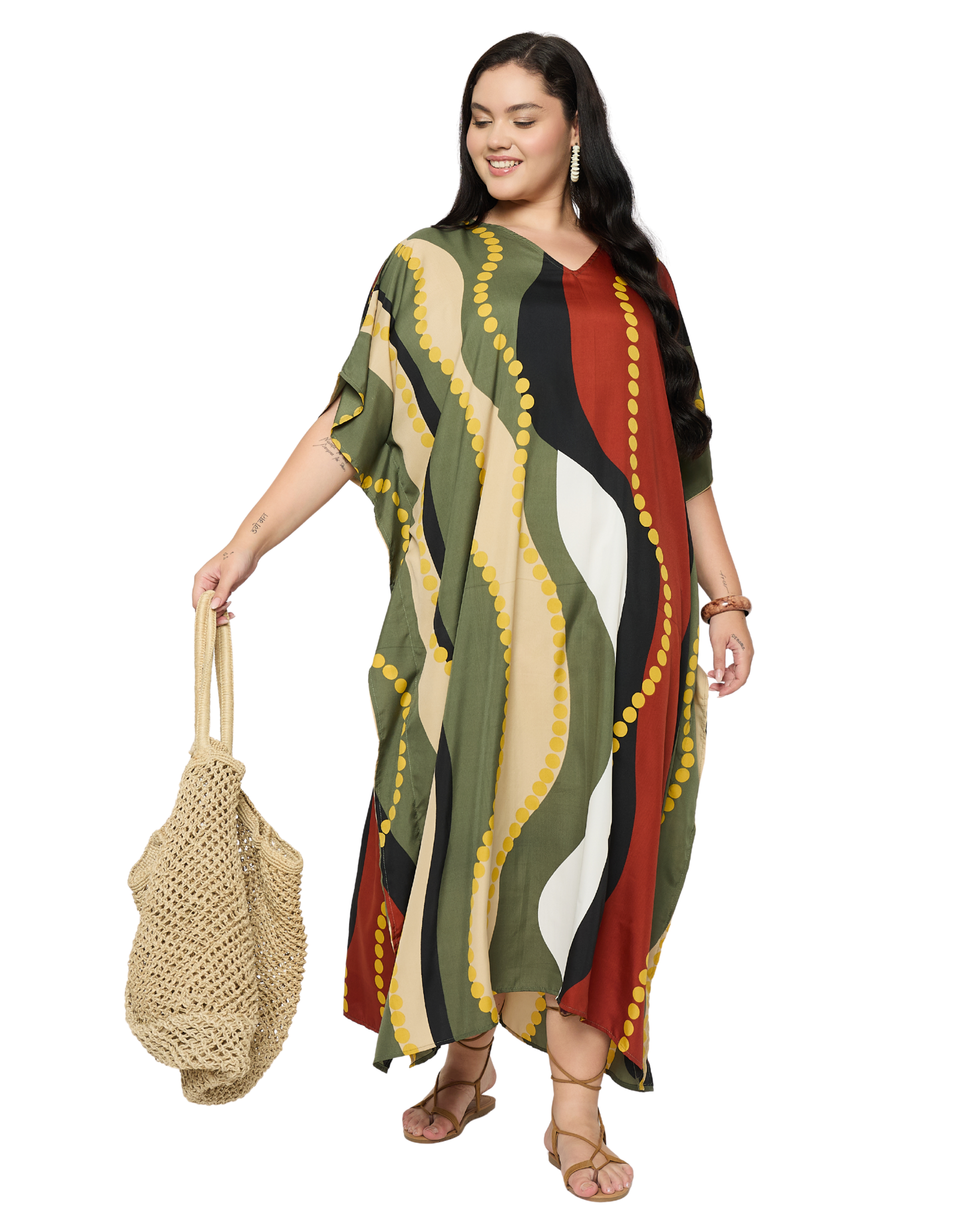 Olive Wavy Lines Polyester Plus Size Kaftan Dress for Women
