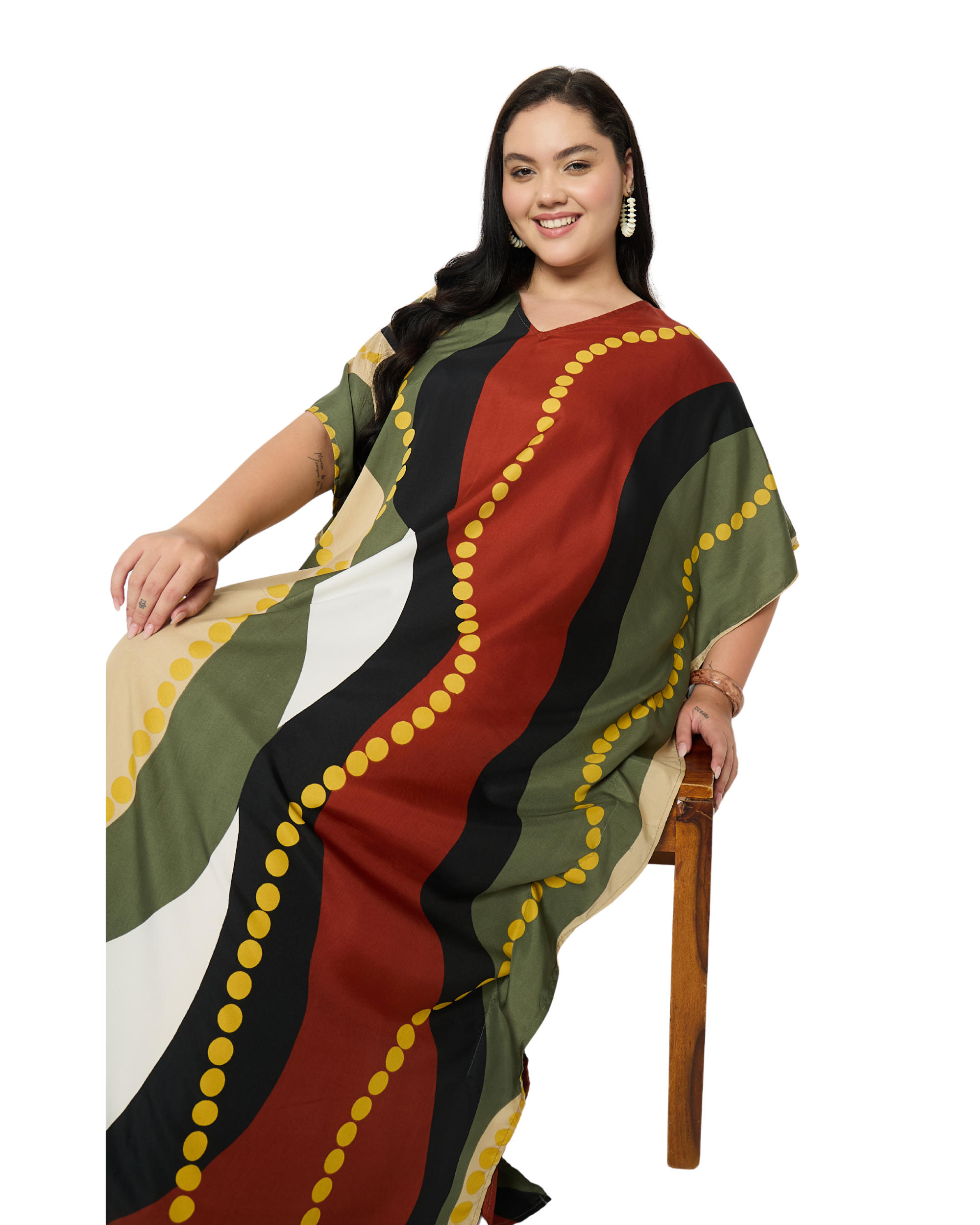 Olive Wavy Lines Polyester Plus Size Kaftan Dress for Women