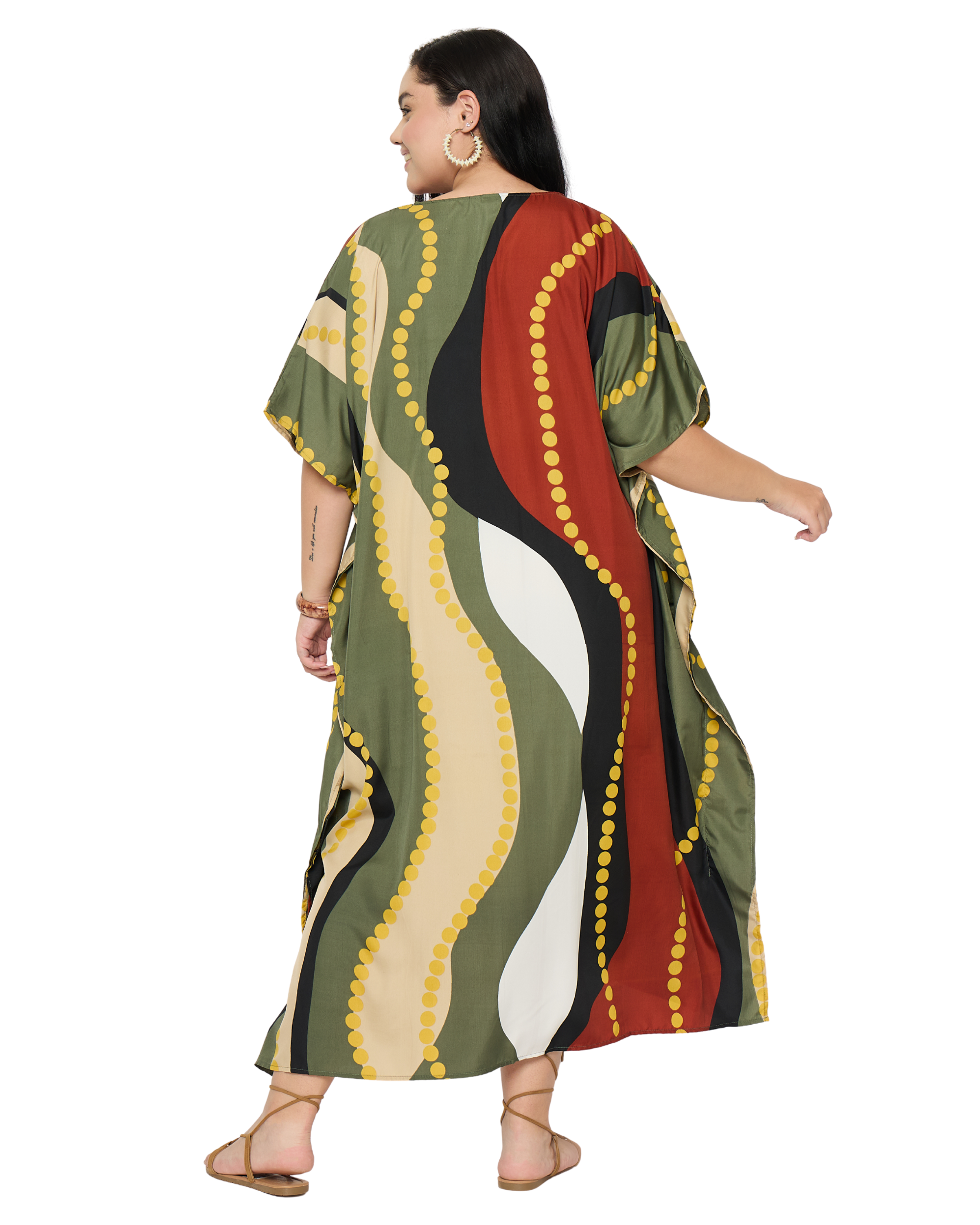 Olive Wavy Lines Polyester Plus Size Kaftan Dress for Women