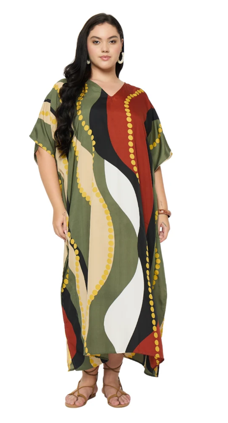 GypsieBlu Olive, Black & Rust Polyester Plus Size Kaftan for Women Kimono Sleeve 1X-3X - Abstract Wave Dot Chain Colorblock Print