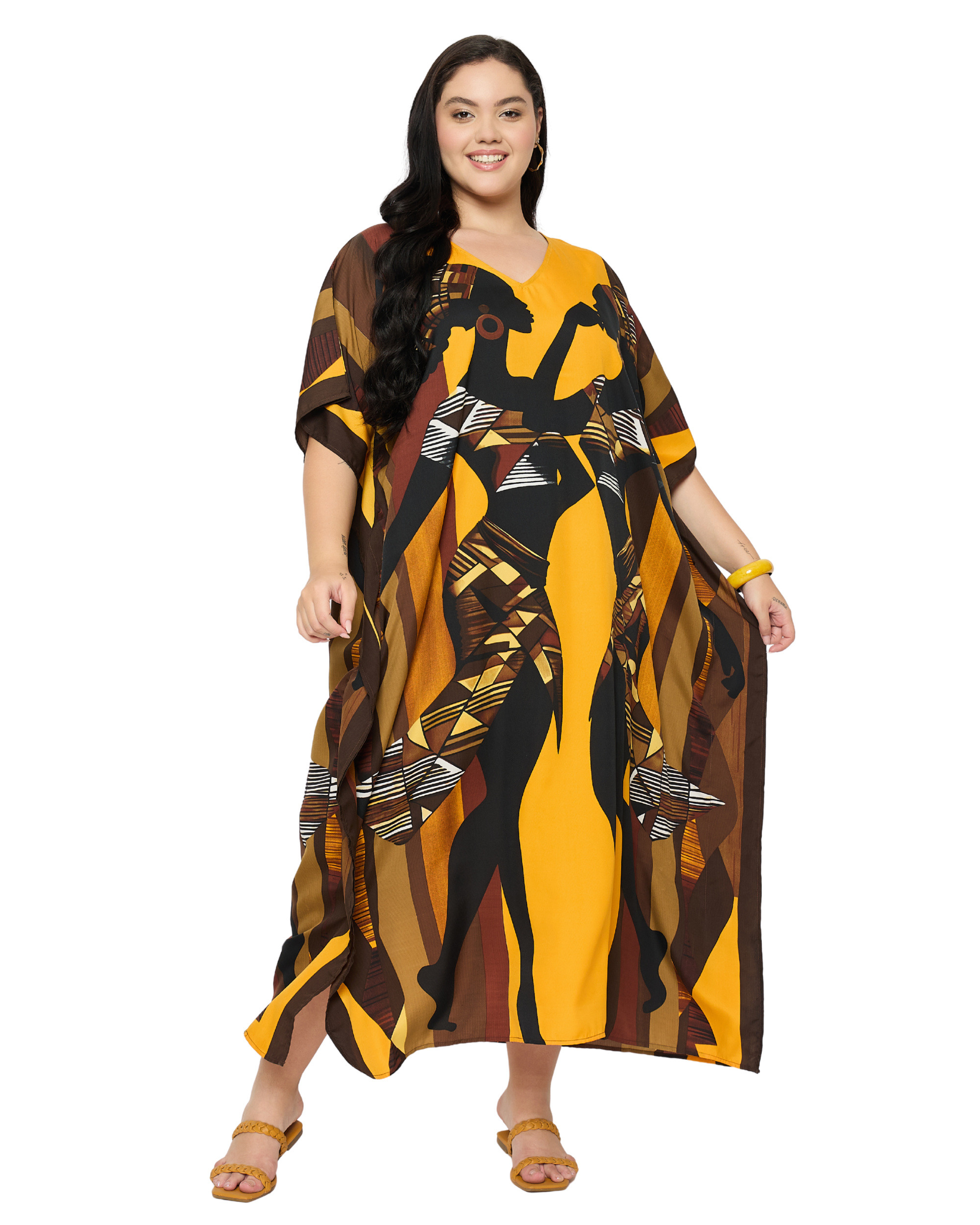 Mustard Yellow Tribal Polyester Women Plus Size Kaftan Dress