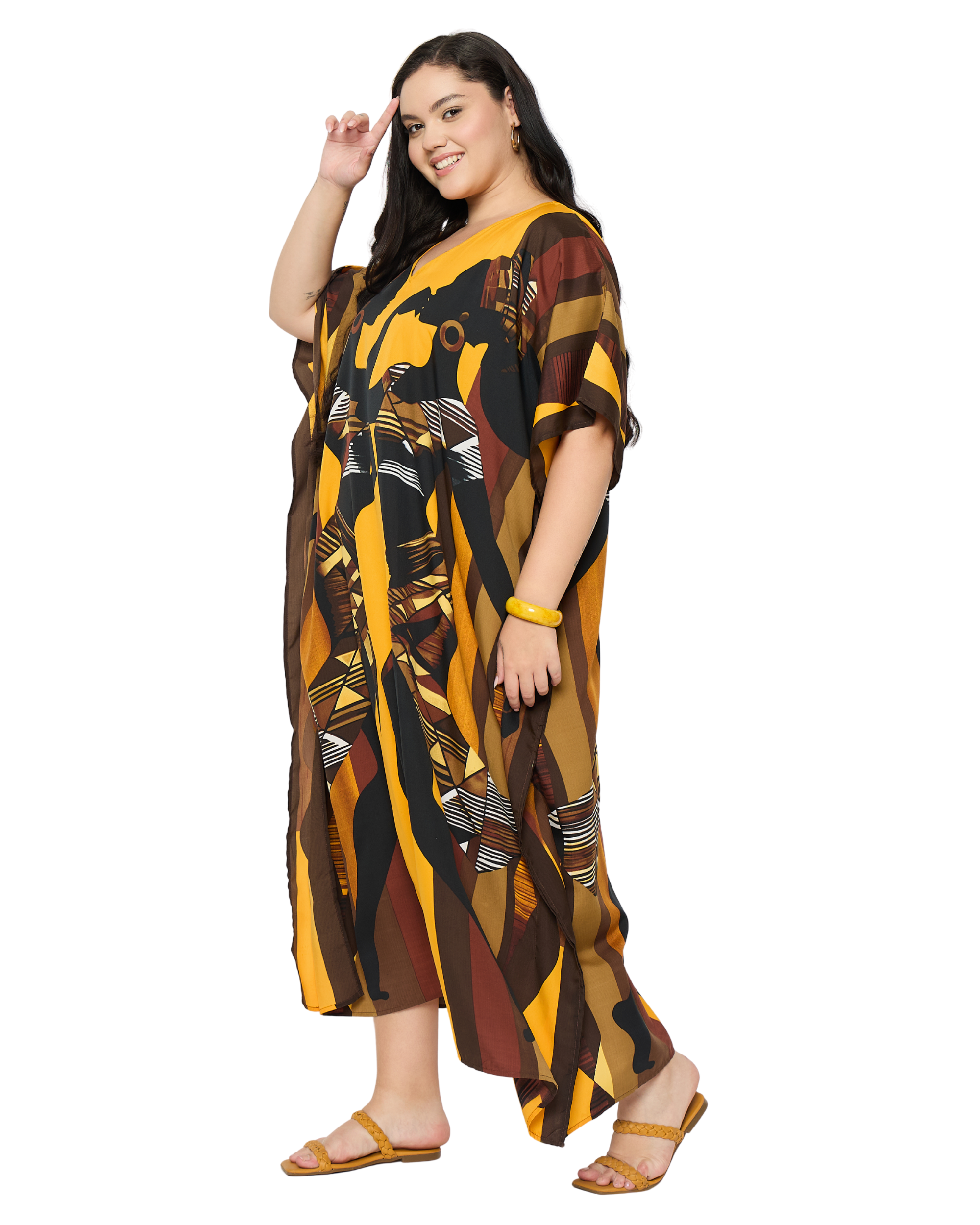 Mustard Yellow Tribal Polyester Women Plus Size Kaftan Dress