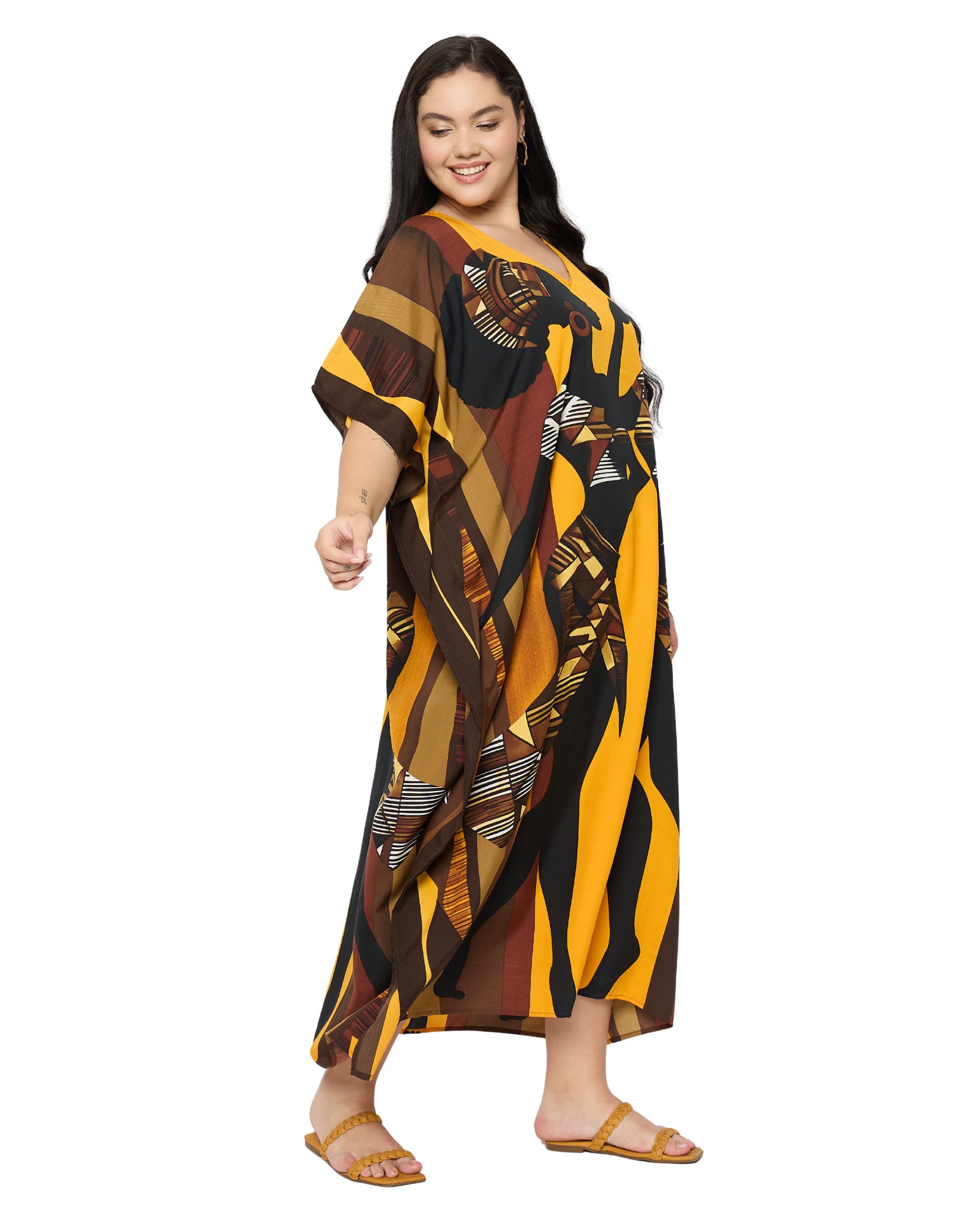 Mustard Yellow Tribal Polyester Women Plus Size Kaftan Dress