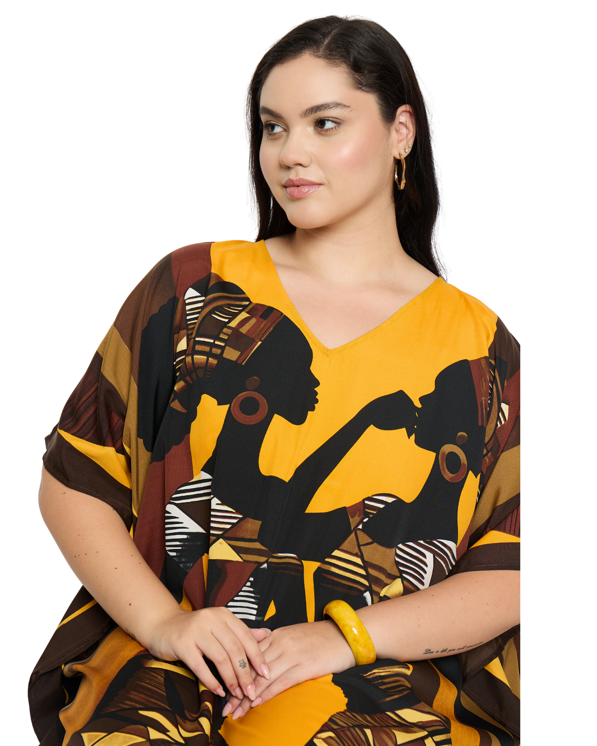 Mustard Yellow Tribal Polyester Women Plus Size Kaftan Dress