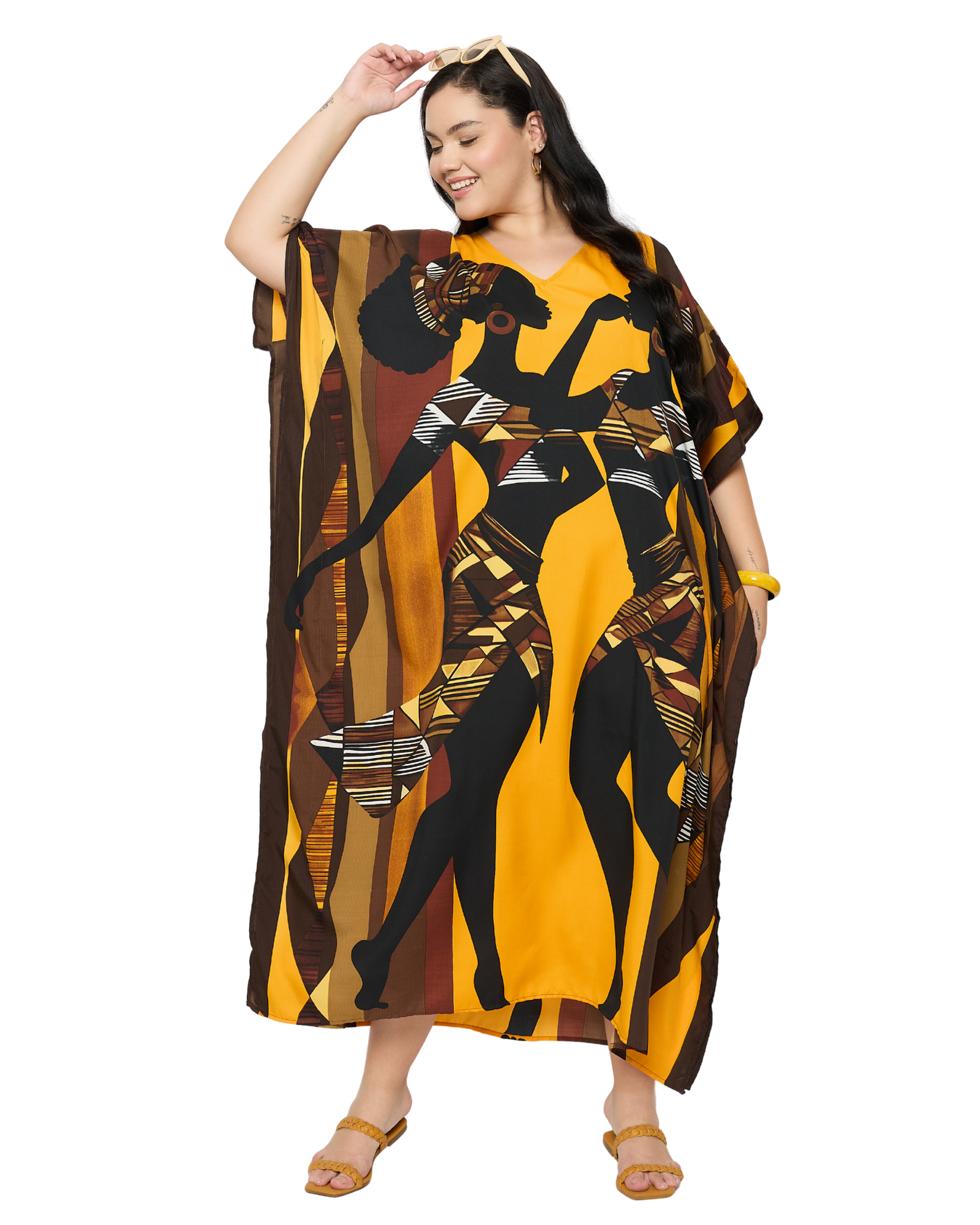 Mustard Yellow Tribal Polyester Women Plus Size Kaftan Dress