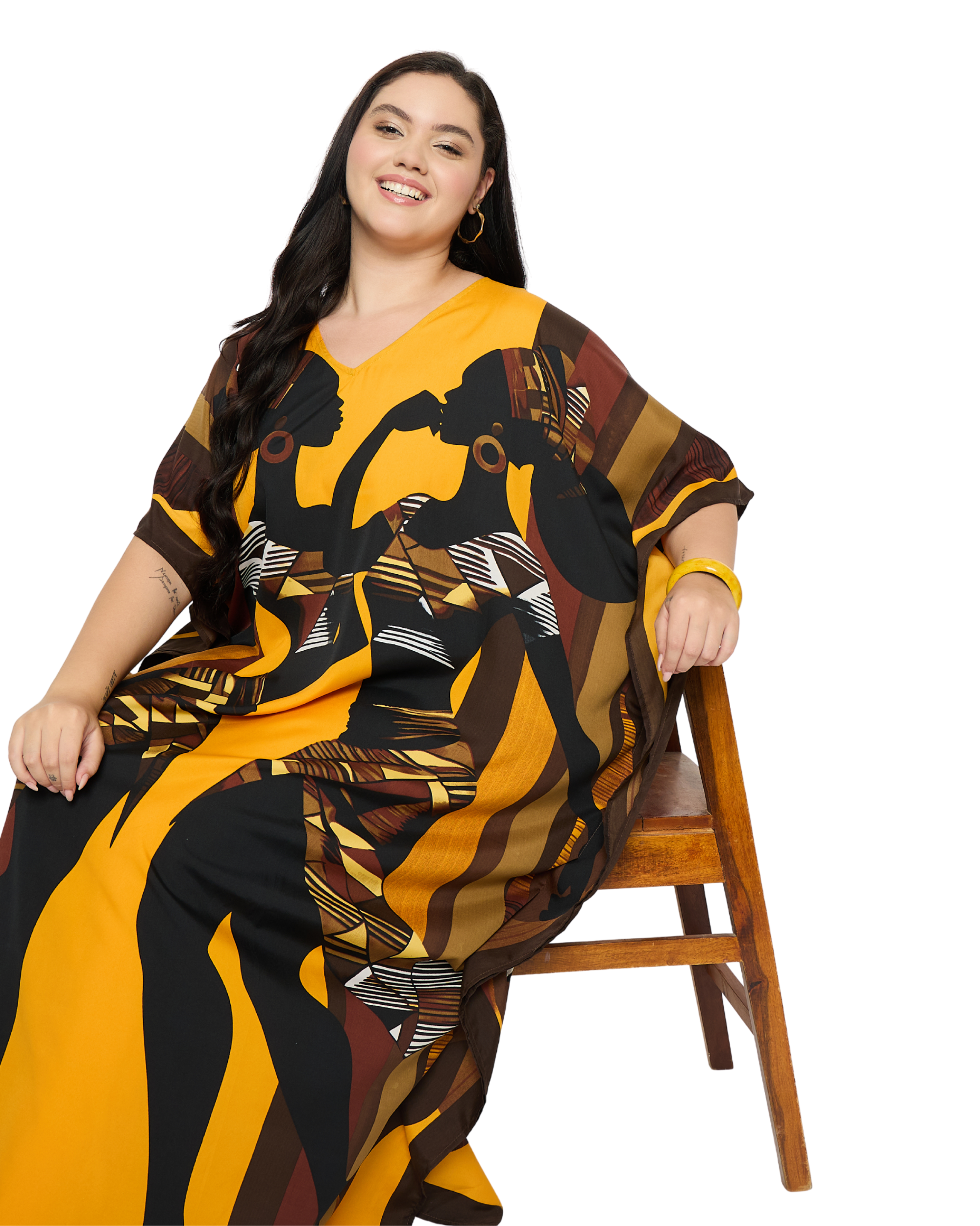 Mustard Yellow Tribal Polyester Women Plus Size Kaftan Dress