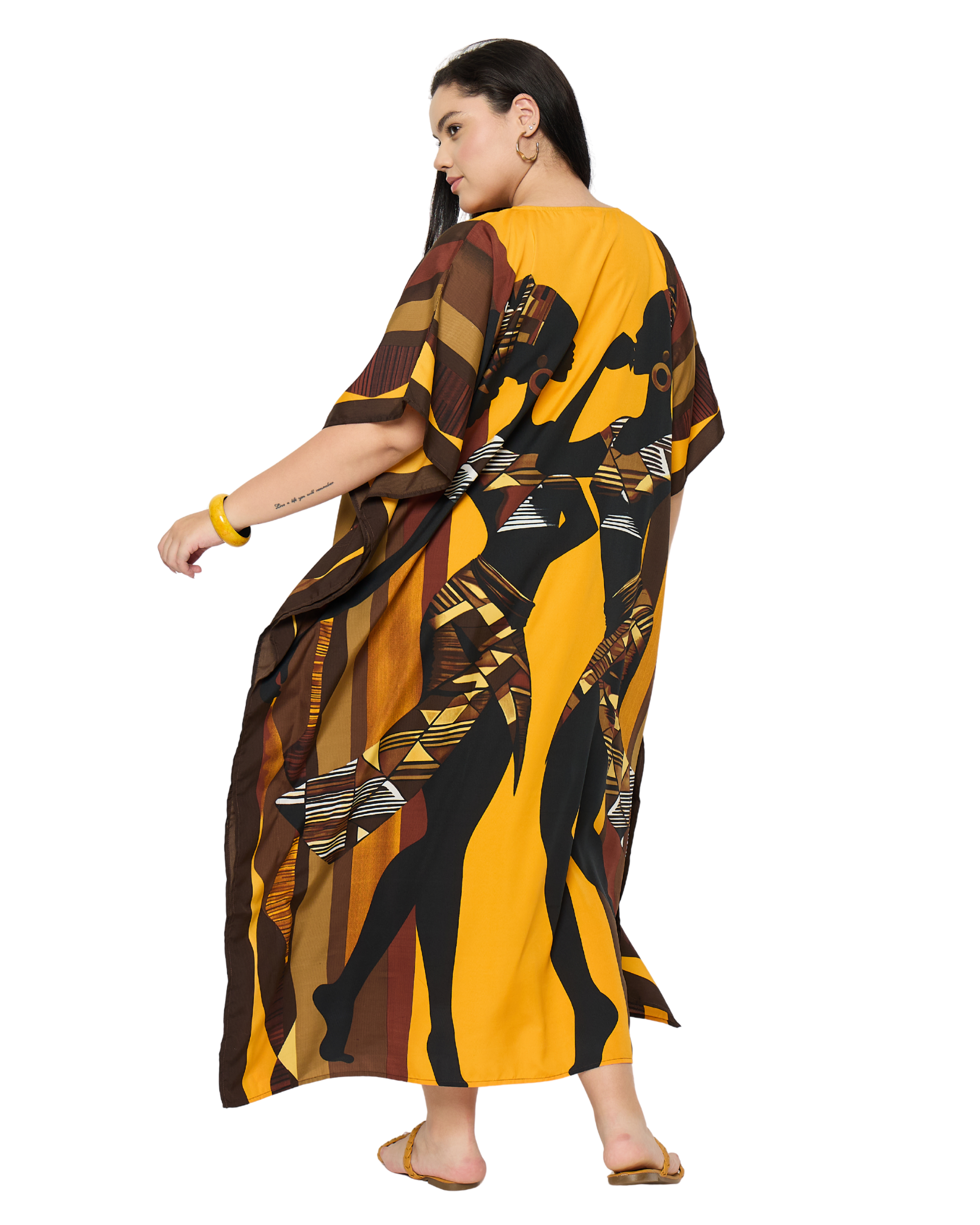 Mustard Yellow Tribal Polyester Women Plus Size Kaftan Dress