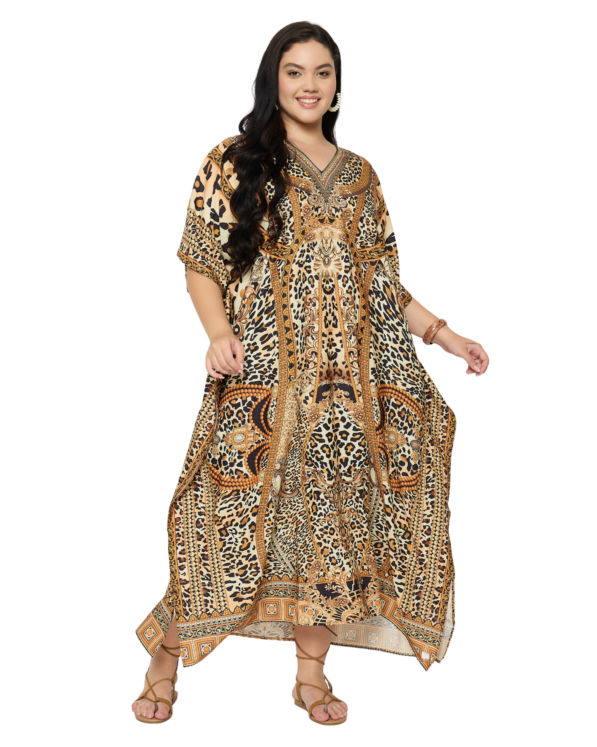 Beige Leopard Polyester Women Plus Size Loungewear Kaftan