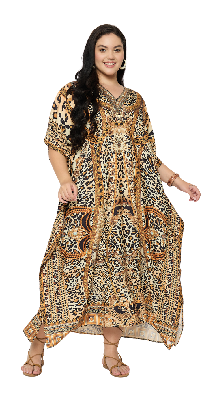 Beige leopard medallion border print polyester plus size kaftan with kimono sleeves