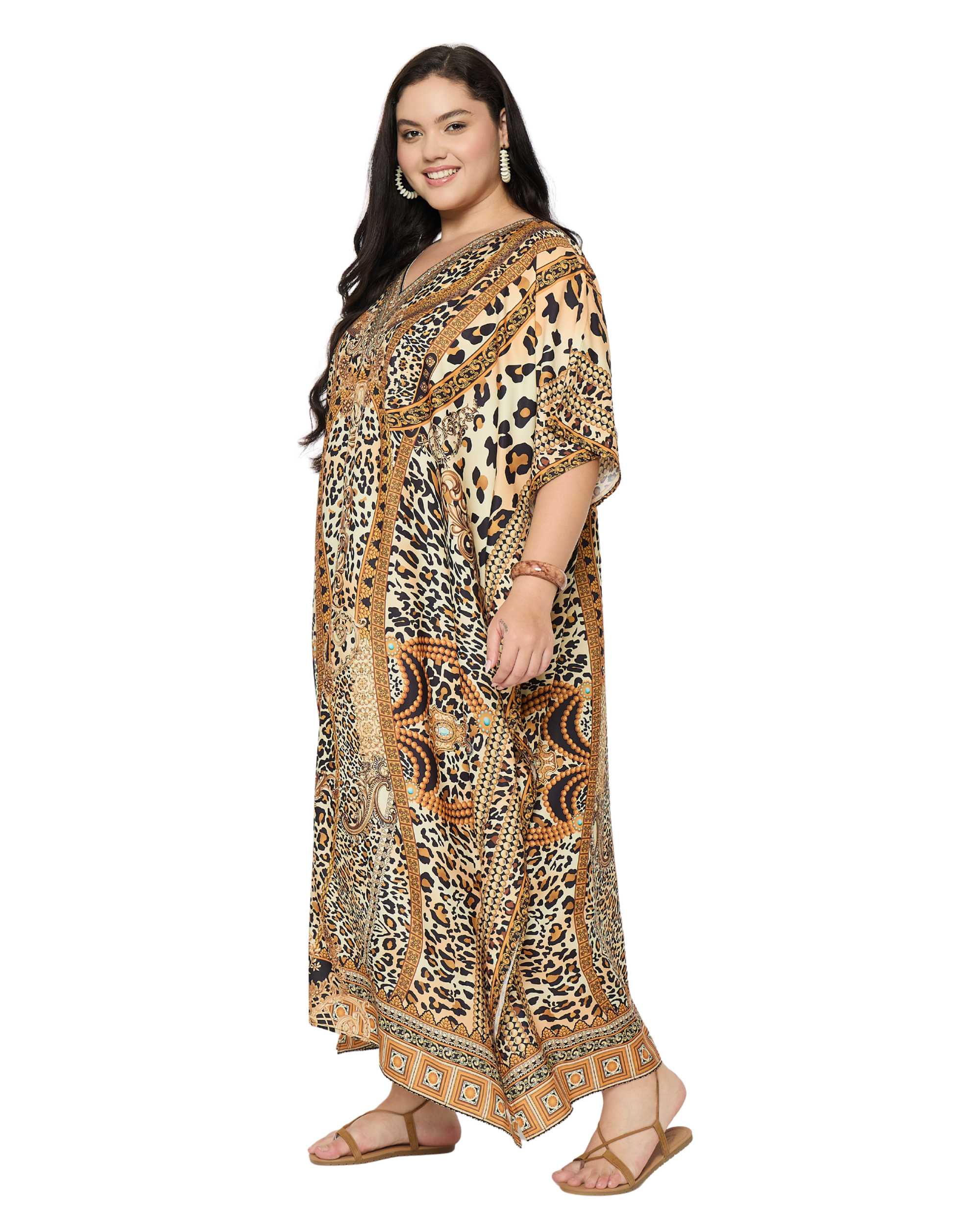 Beige Leopard Polyester Women Plus Size Loungewear Kaftan