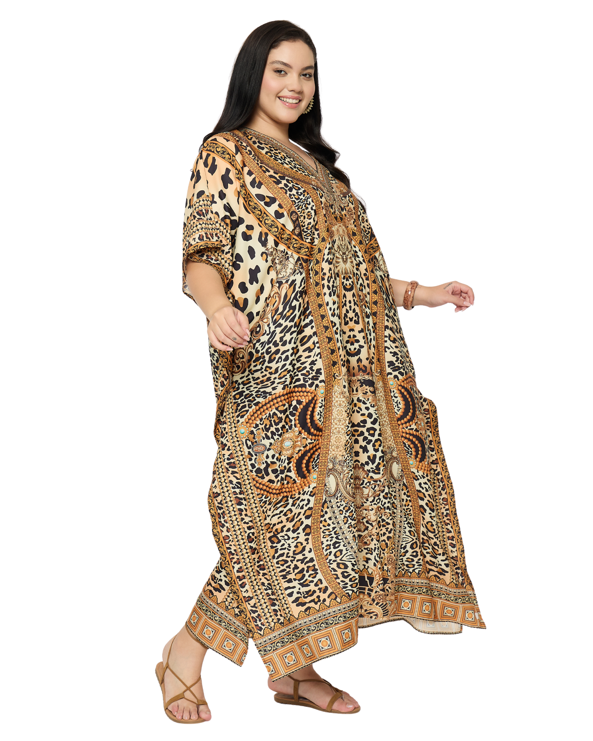 Beige Leopard Polyester Women Plus Size Loungewear Kaftan