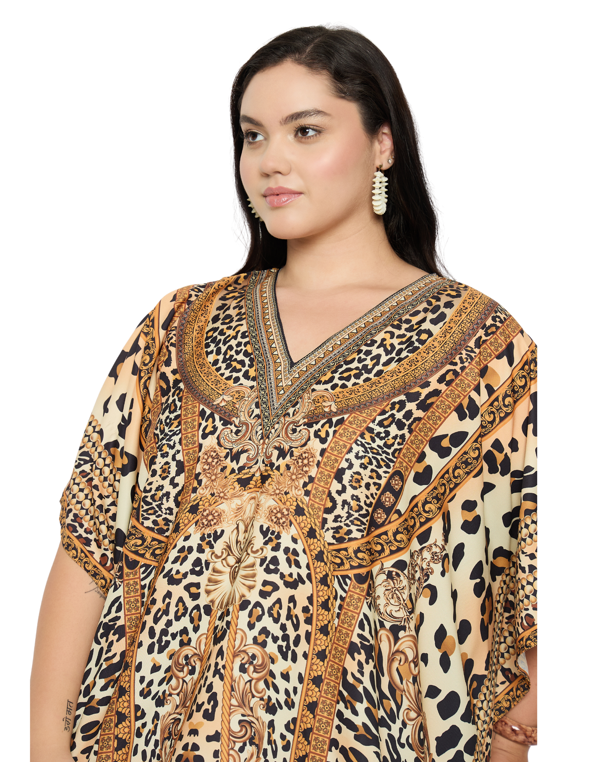 Beige Leopard Polyester Women Plus Size Loungewear Kaftan
