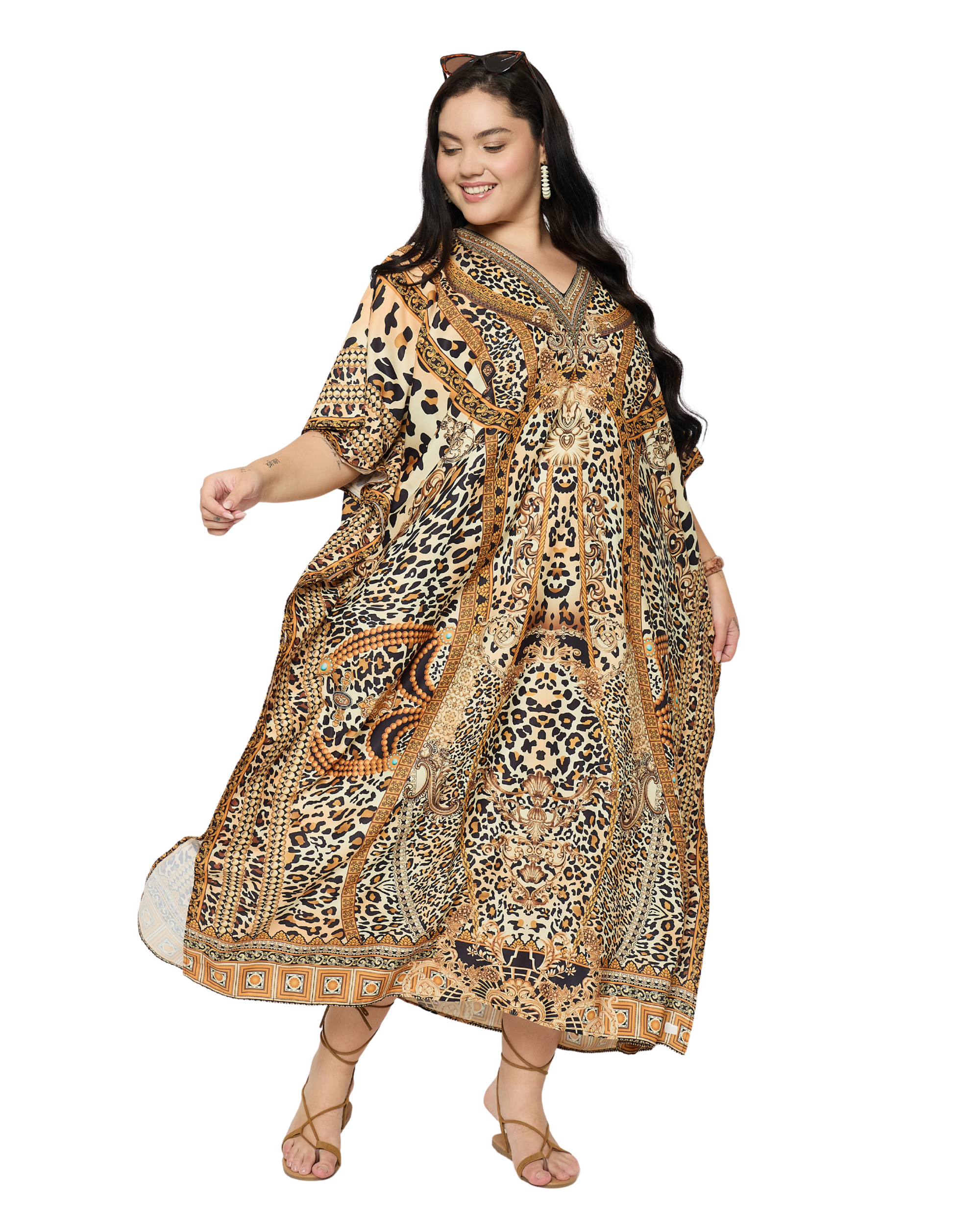 Beige Leopard Polyester Women Plus Size Loungewear Kaftan
