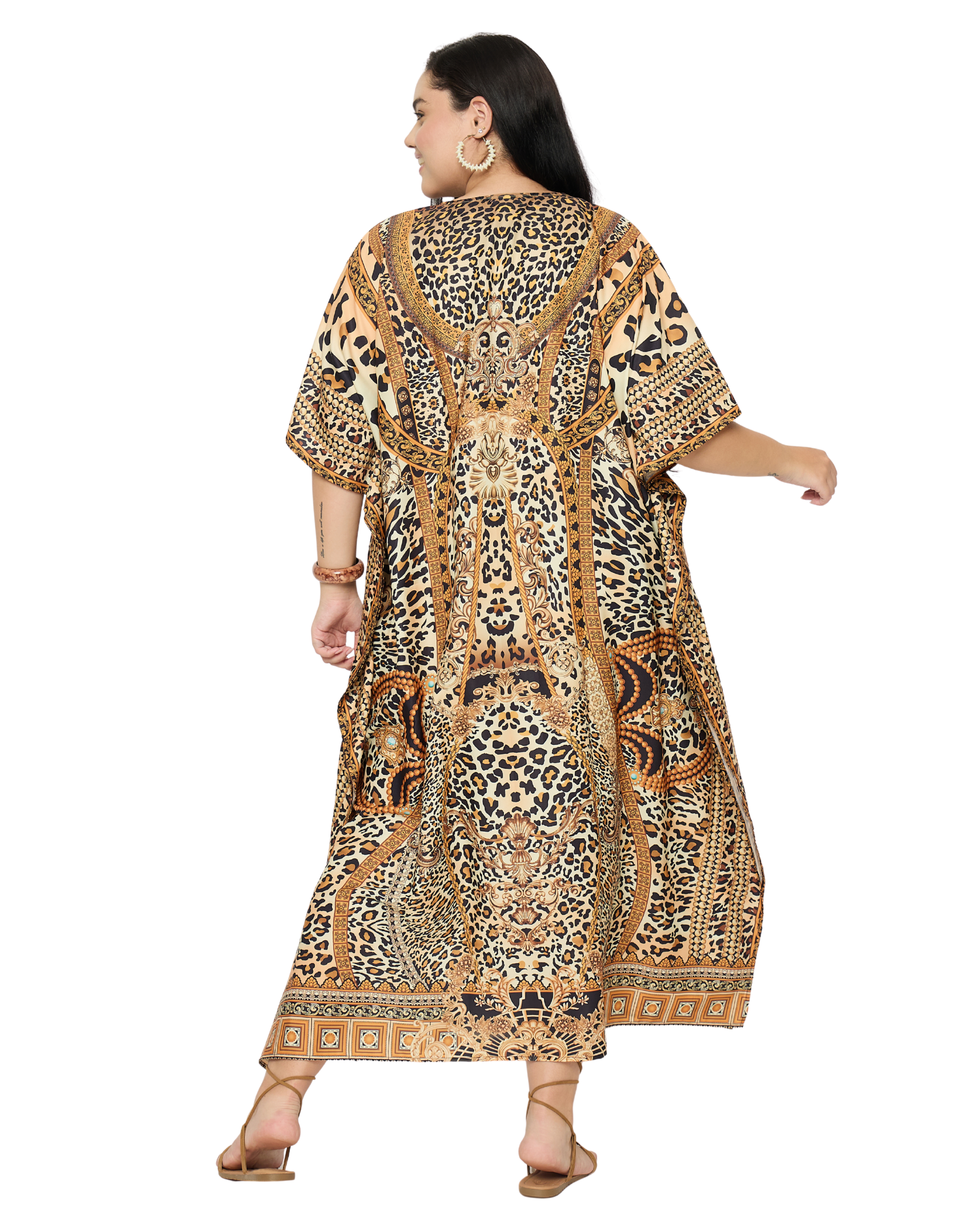 Beige Leopard Polyester Women Plus Size Loungewear Kaftan