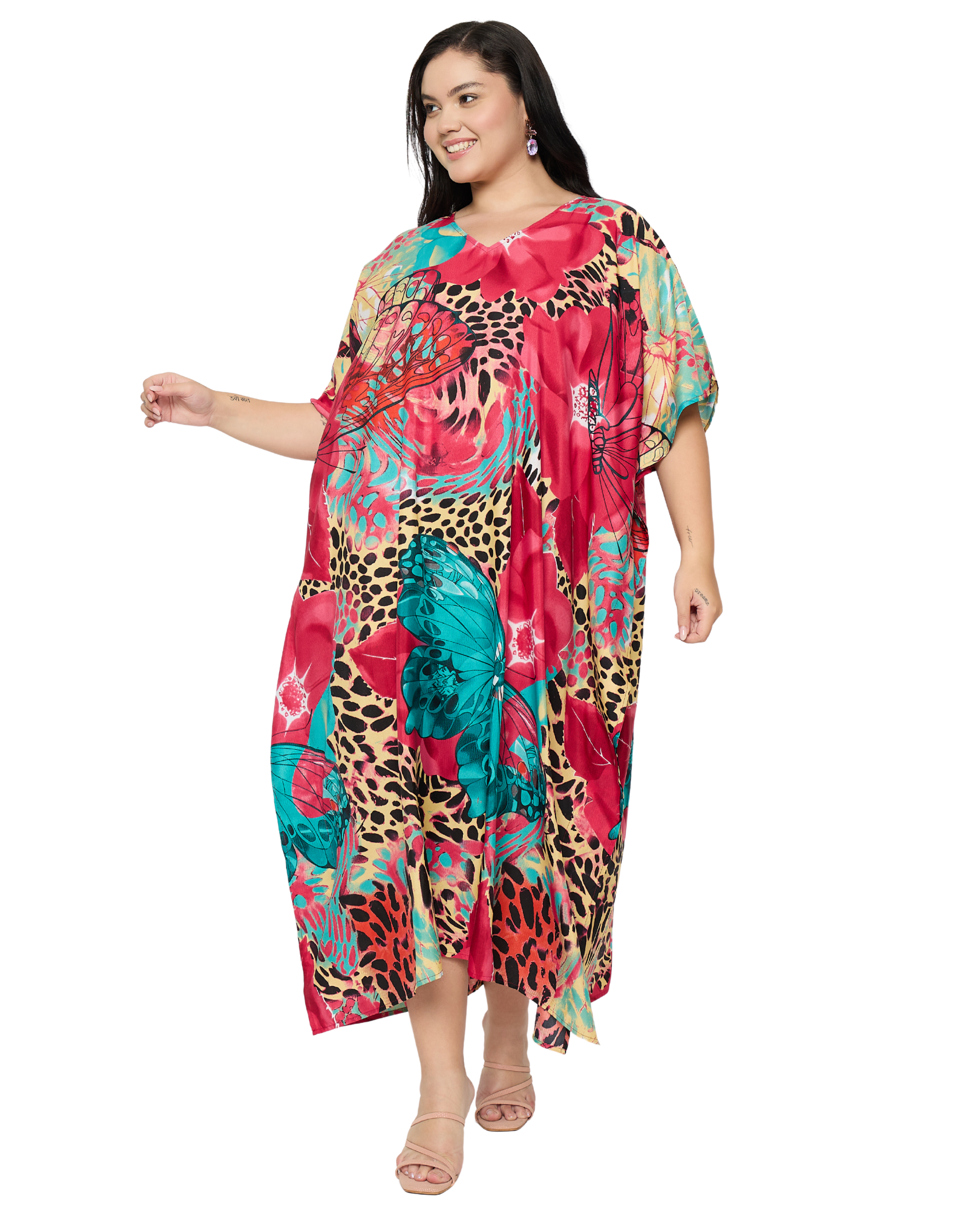 Deep Pink Floral Women Plus Size Kaftan Dress Cover Up