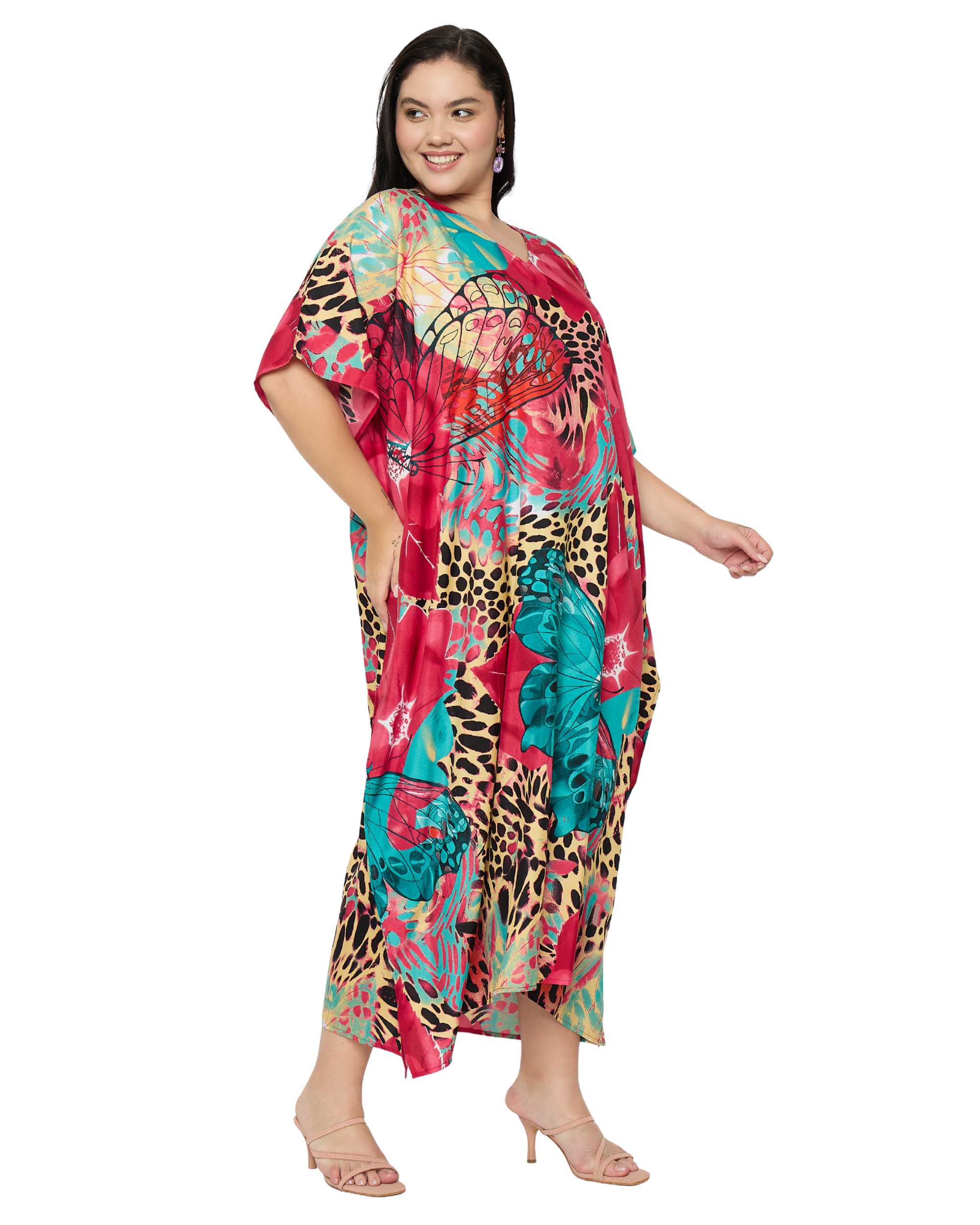 Deep Pink Floral Women Plus Size Kaftan Dress Cover Up