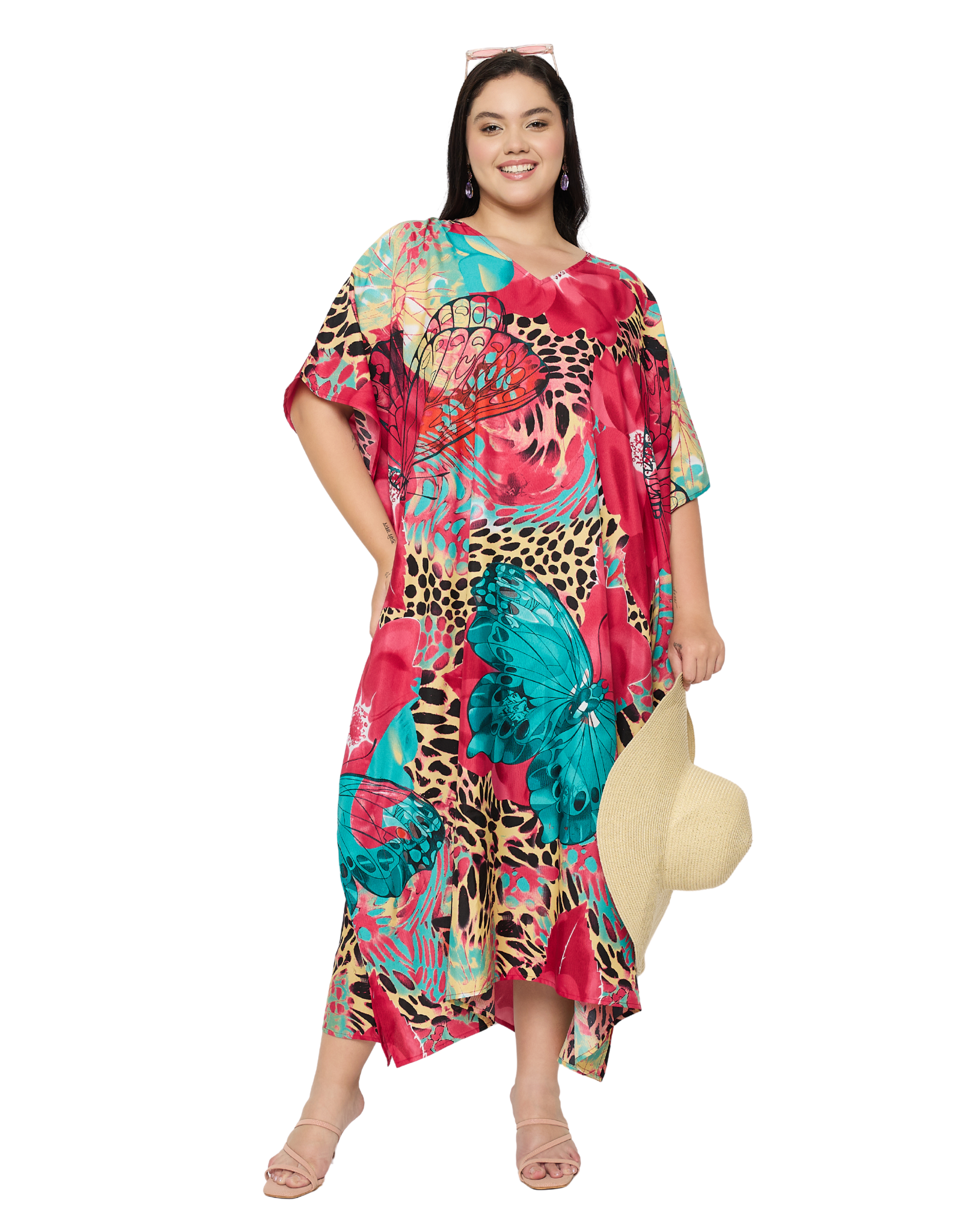 Deep Pink Floral Women Plus Size Kaftan Dress Cover Up