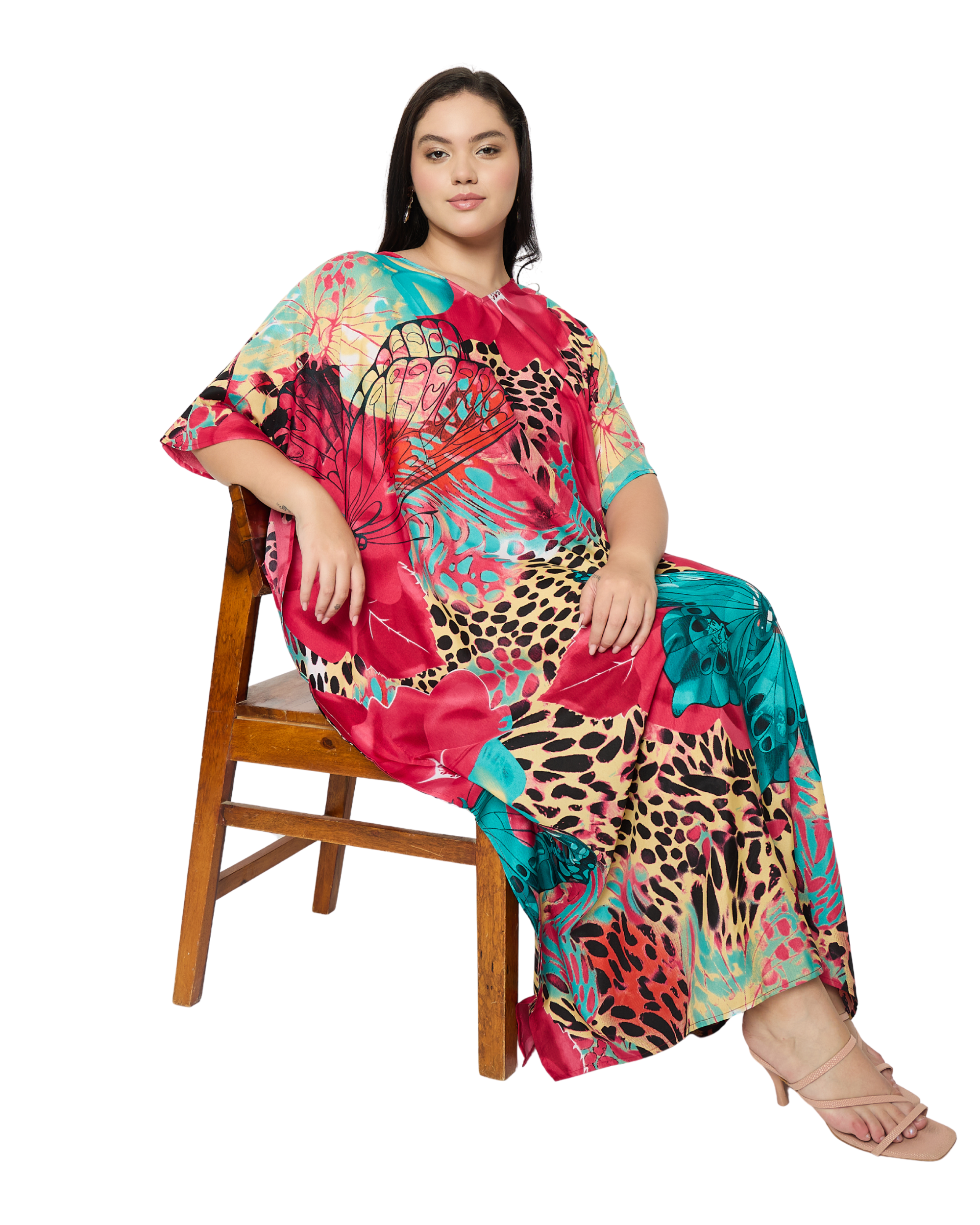 Deep Pink Floral Women Plus Size Kaftan Dress Cover Up