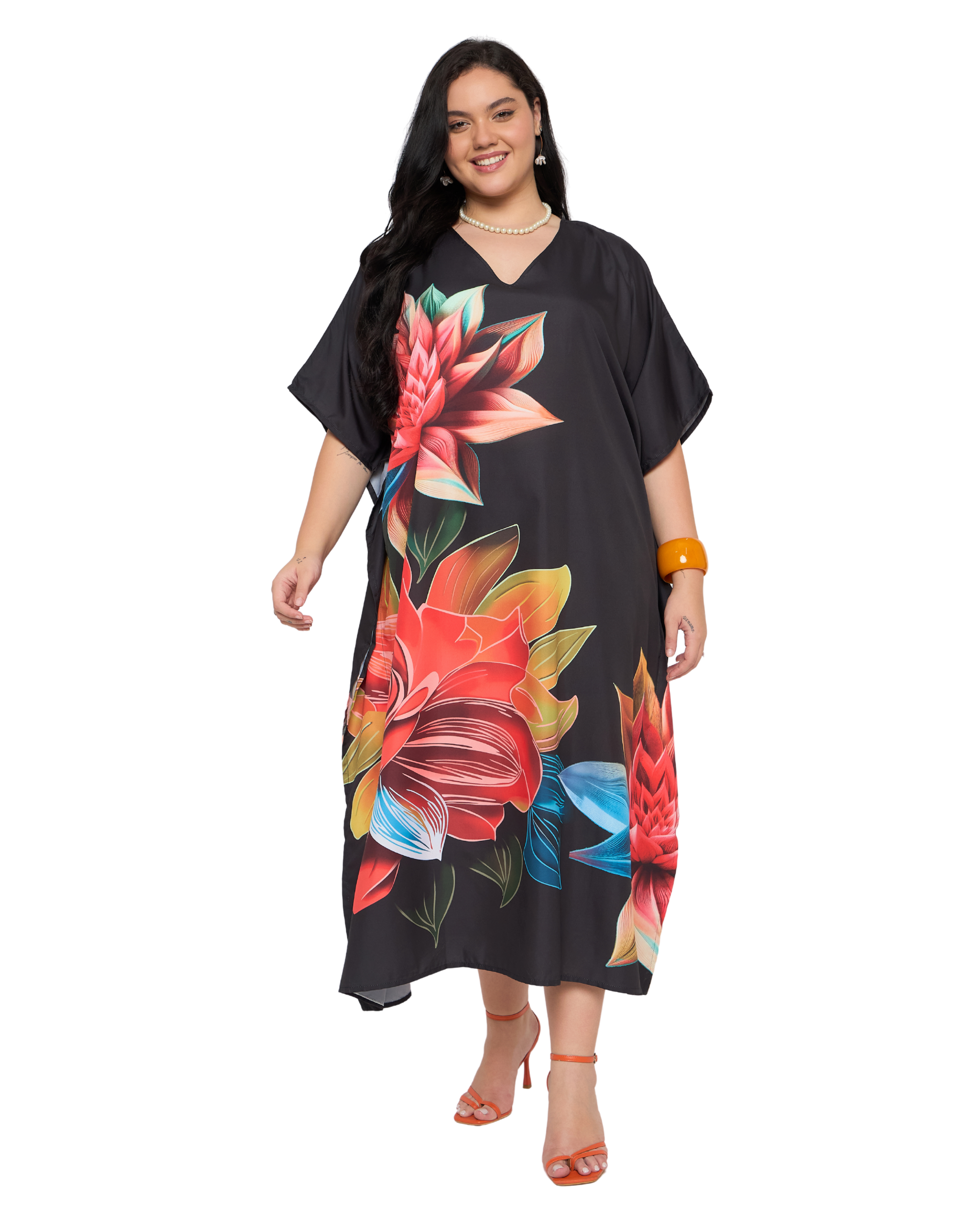 Black Floral Polyester Plus Size Kaftan Dress for Women