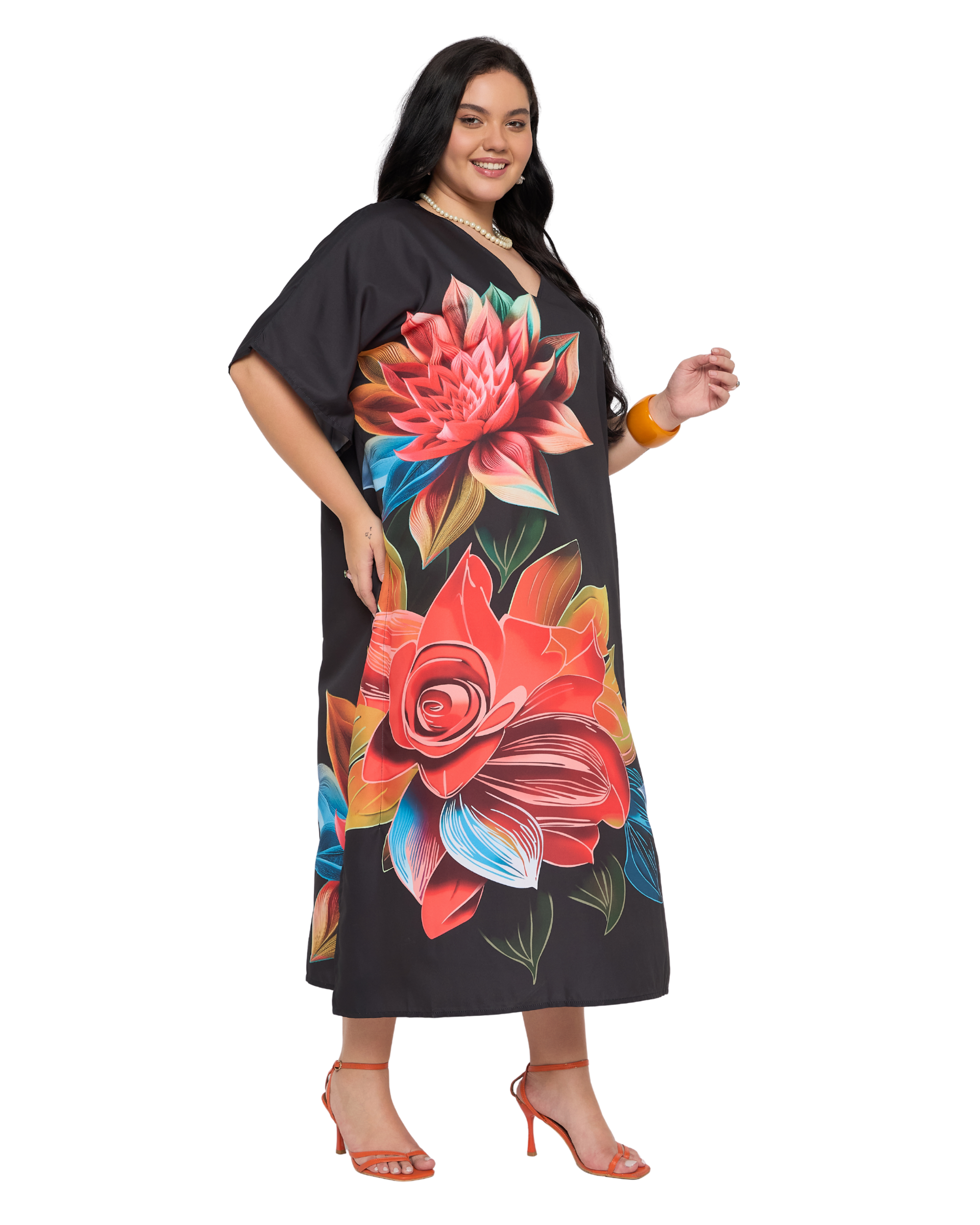 Black Floral Polyester Plus Size Kaftan Dress for Women