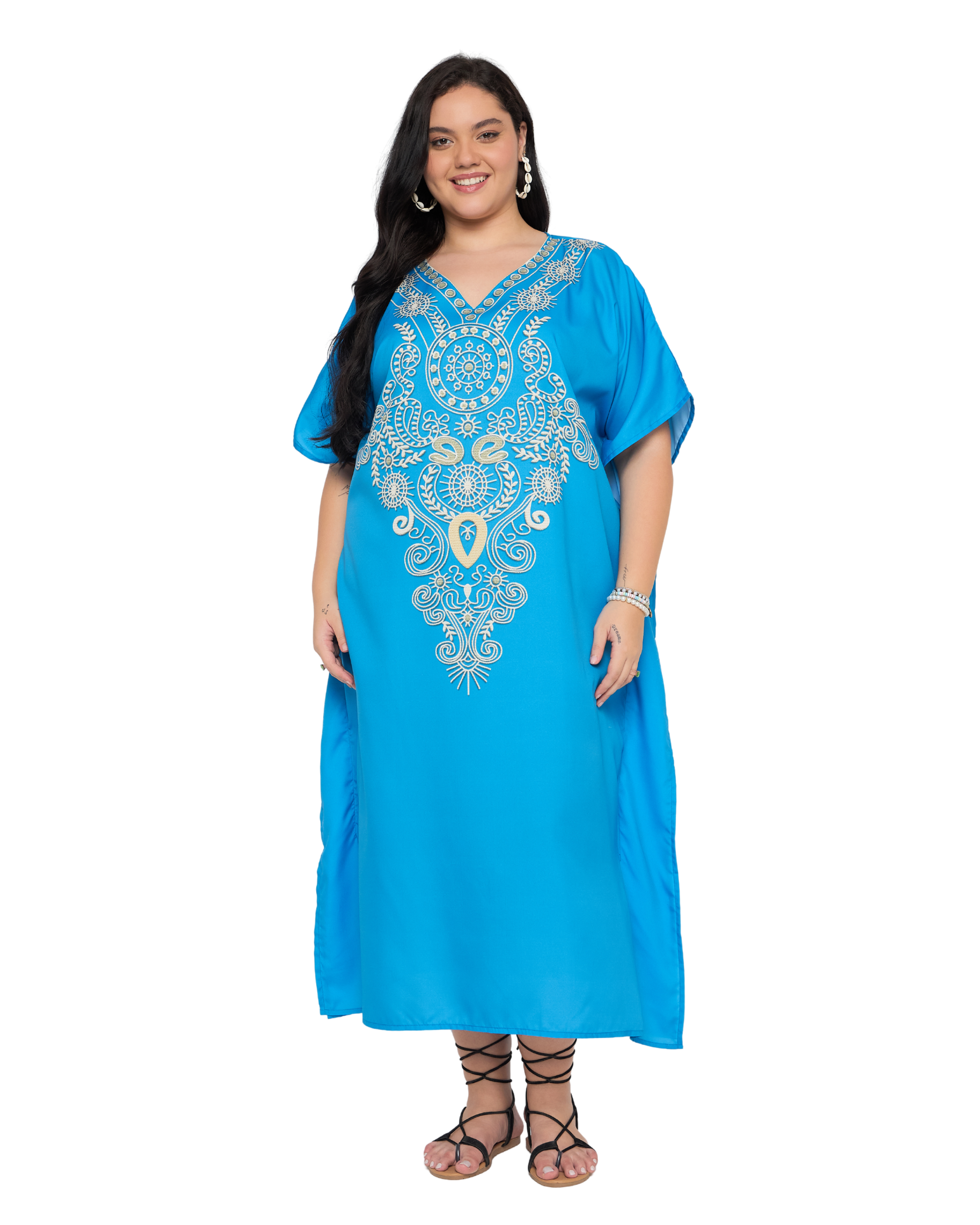 Turquoise Blue Polyester Plus Size Caftan Dress for Women