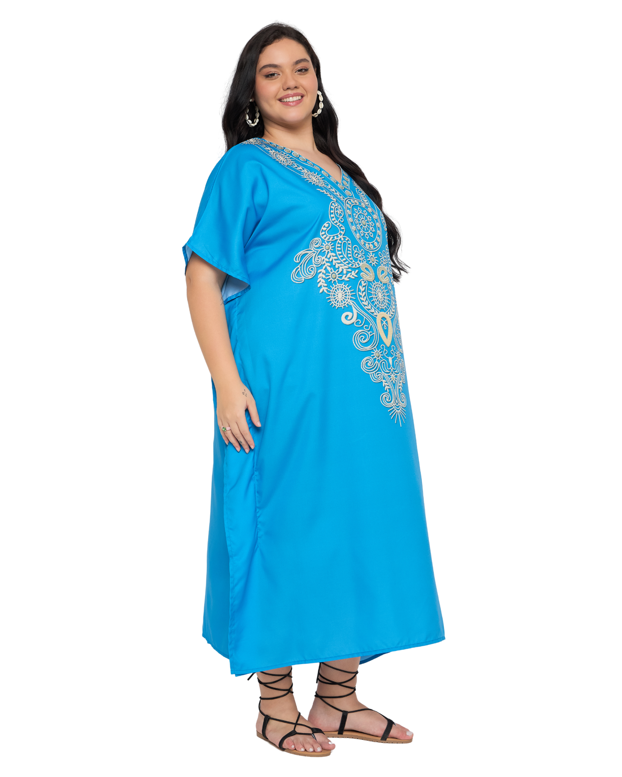 Turquoise Blue Polyester Plus Size Caftan Dress for Women
