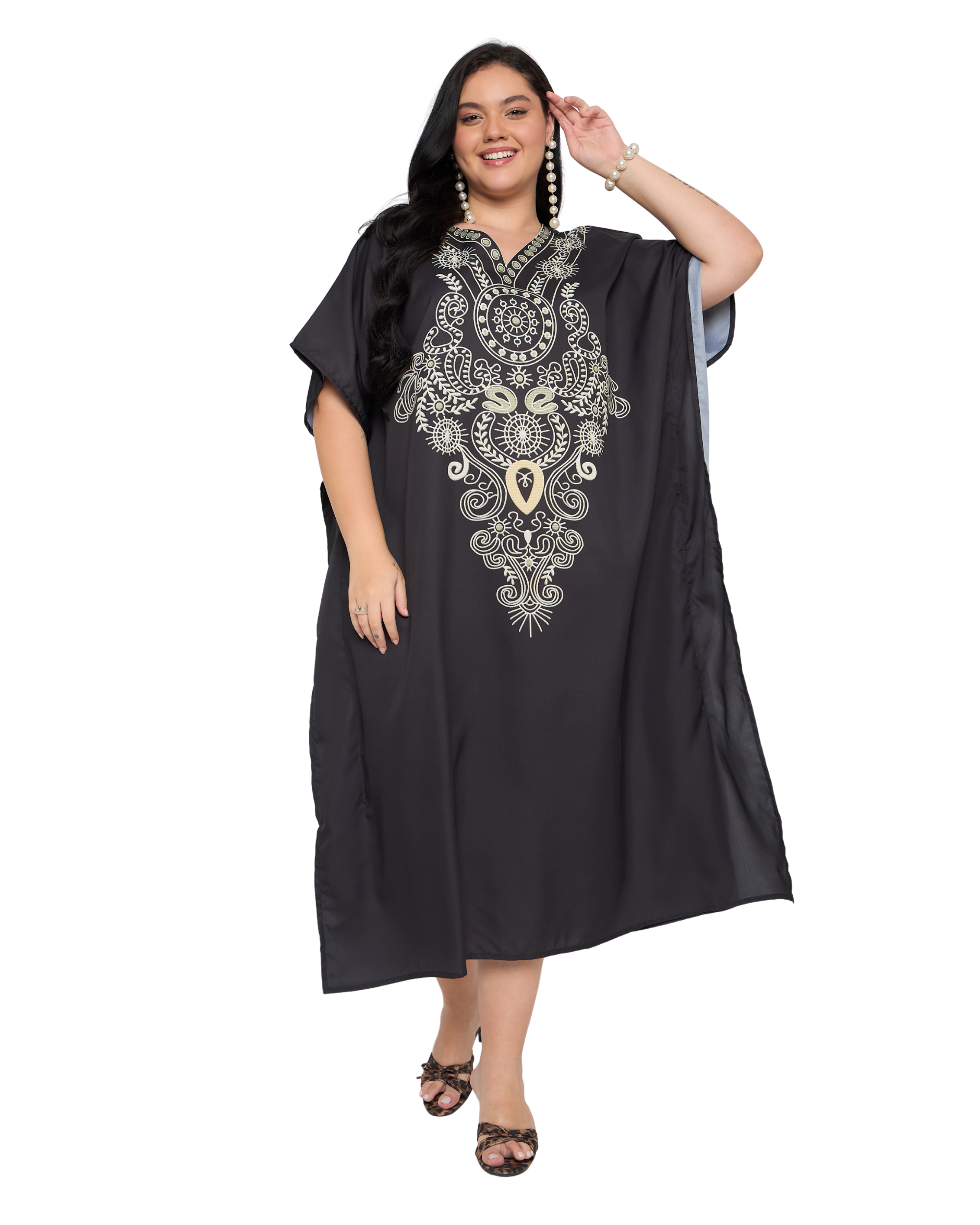 Black Paisley Polyester Plus Size Kaftan Dress for Women