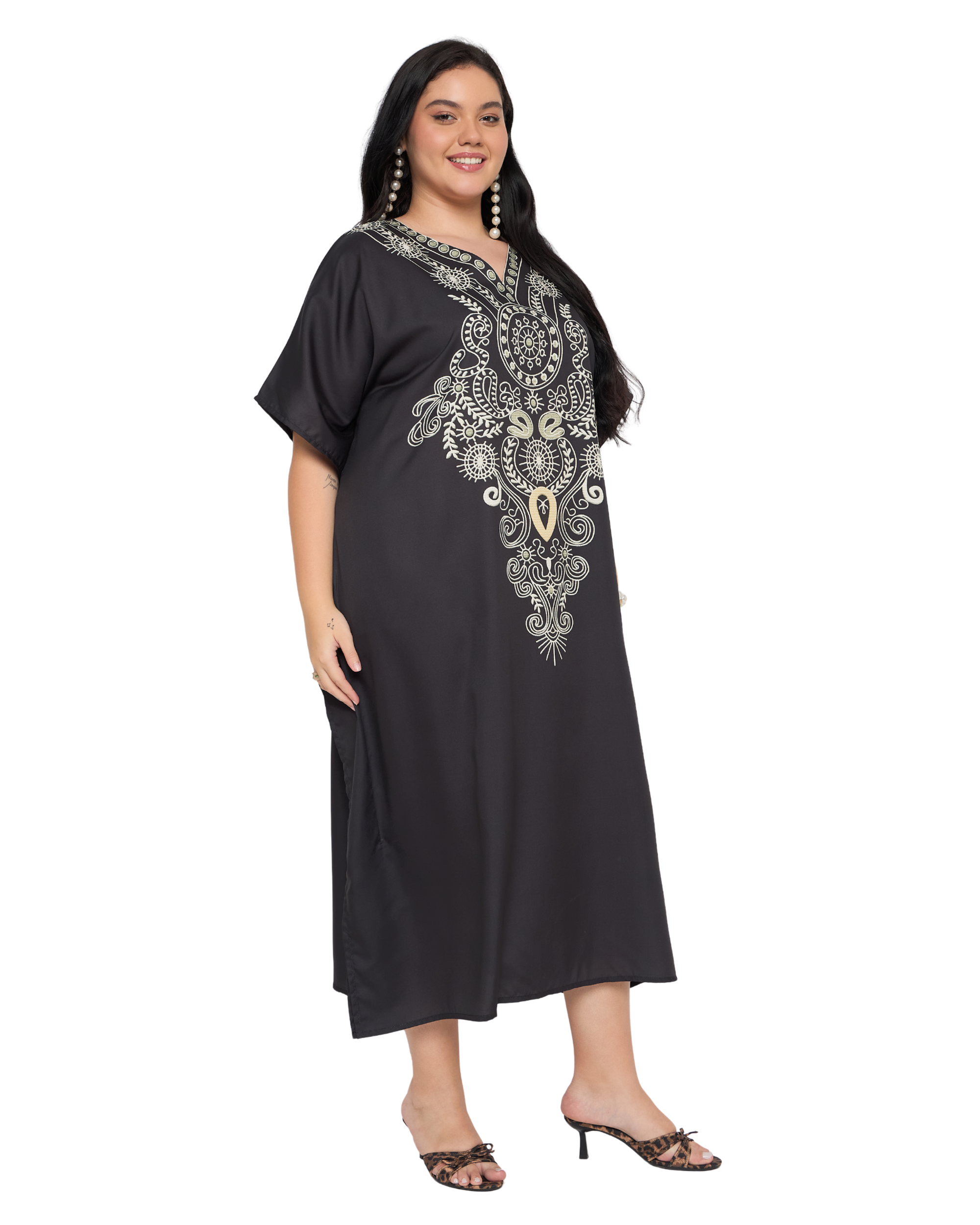 Black Paisley Polyester Plus Size Kaftan Dress for Women