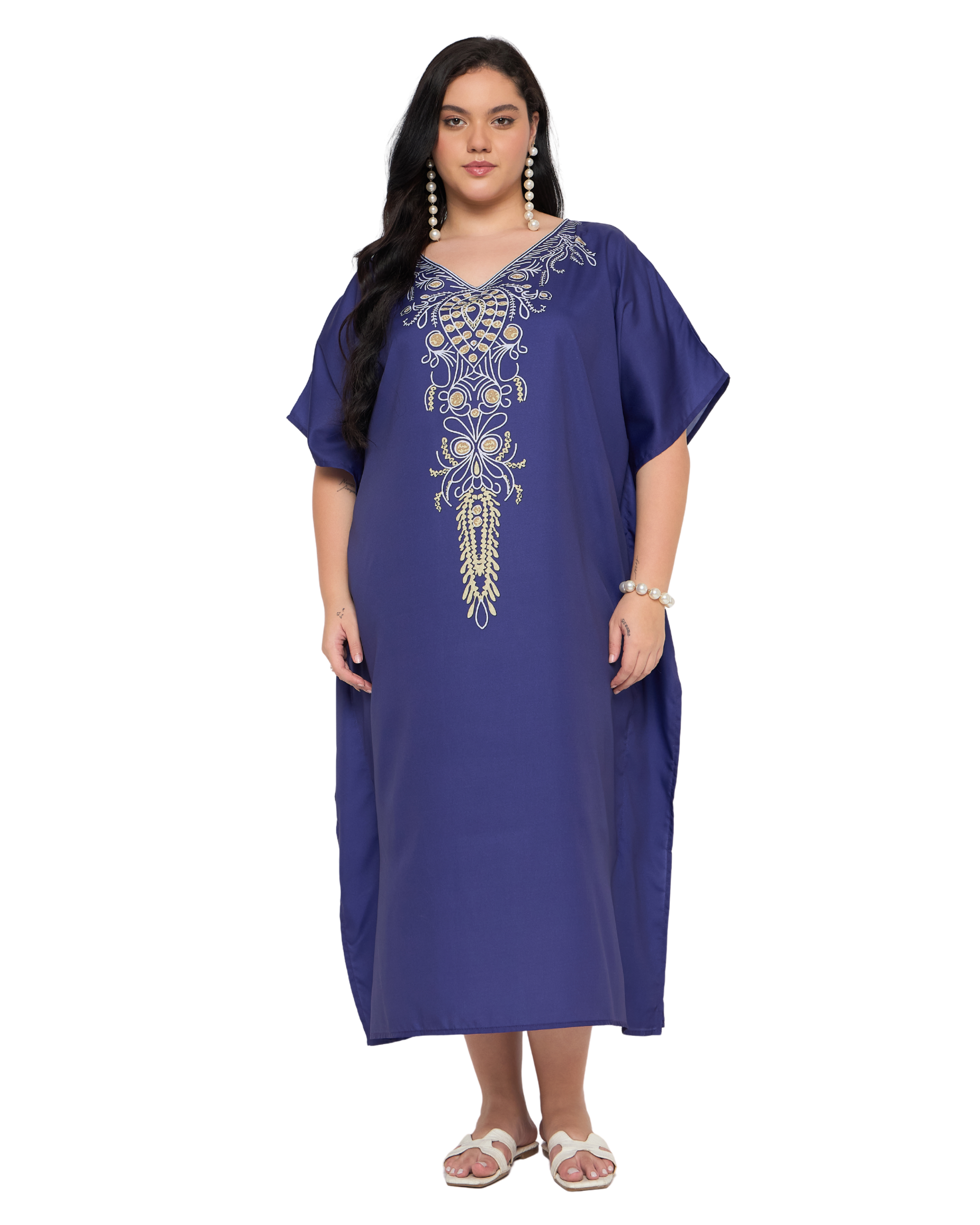 Royal Blue Floral Polyester Women Plus Size Kaftan Dress Cover Up