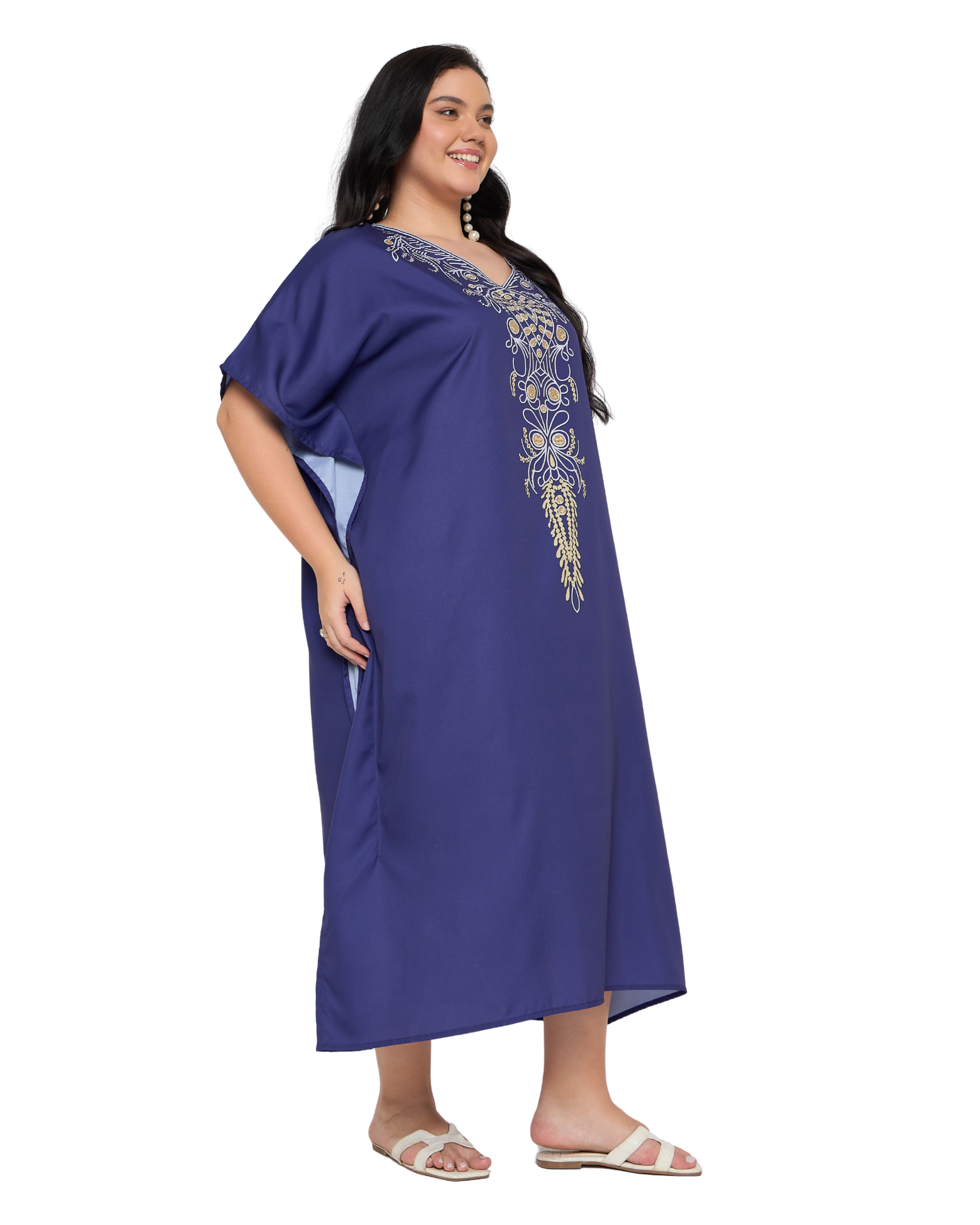 Royal Blue Floral Polyester Women Plus Size Kaftan Dress Cover Up