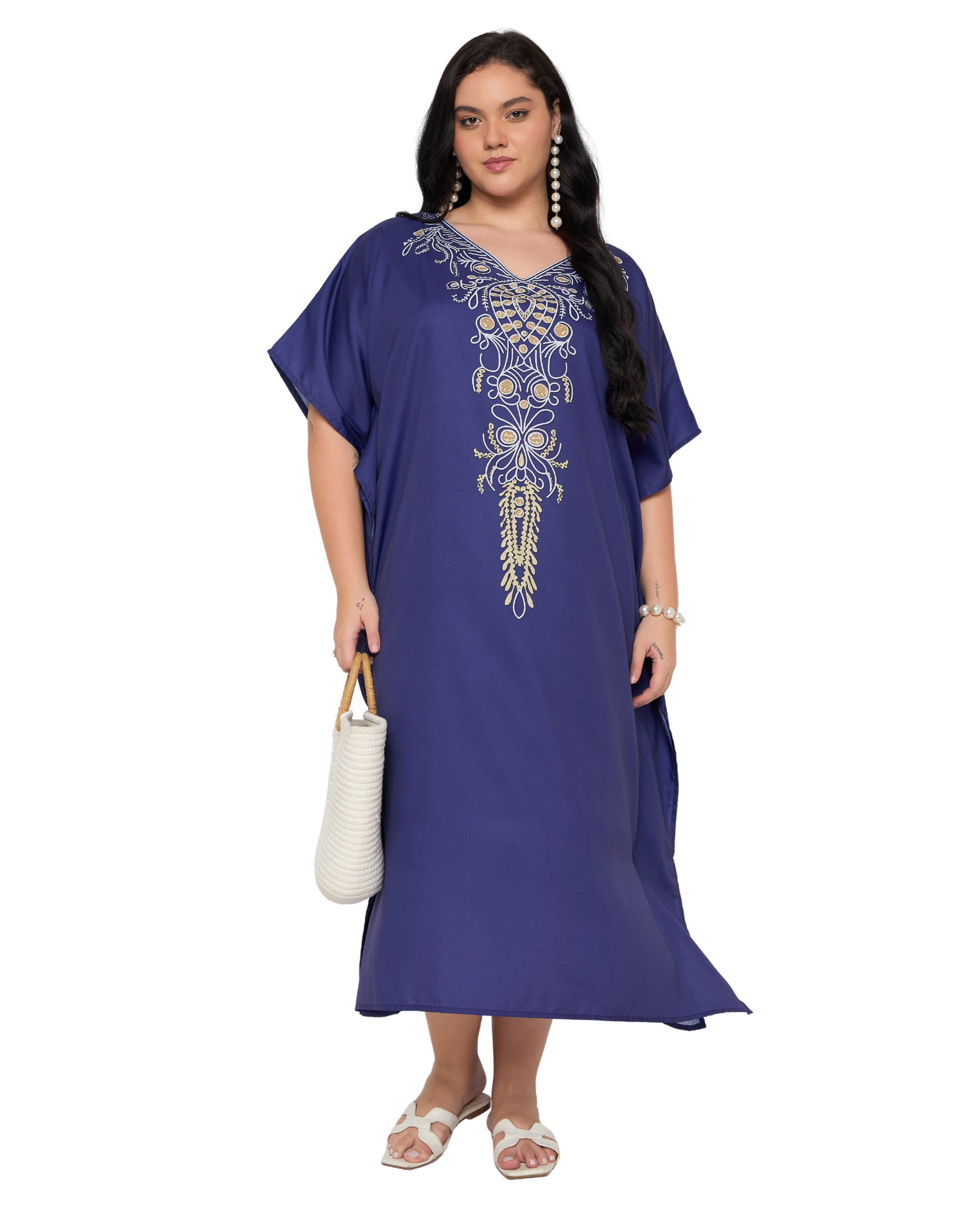 Royal Blue Floral Polyester Women Plus Size Kaftan Dress Cover Up