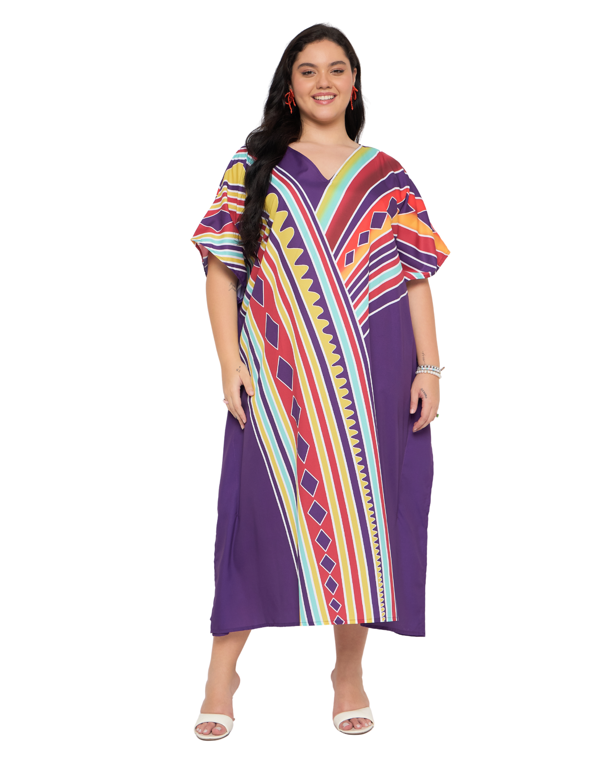 Deep Purple Geometric Polyester Women Plus Size Elegant Caftan Dress