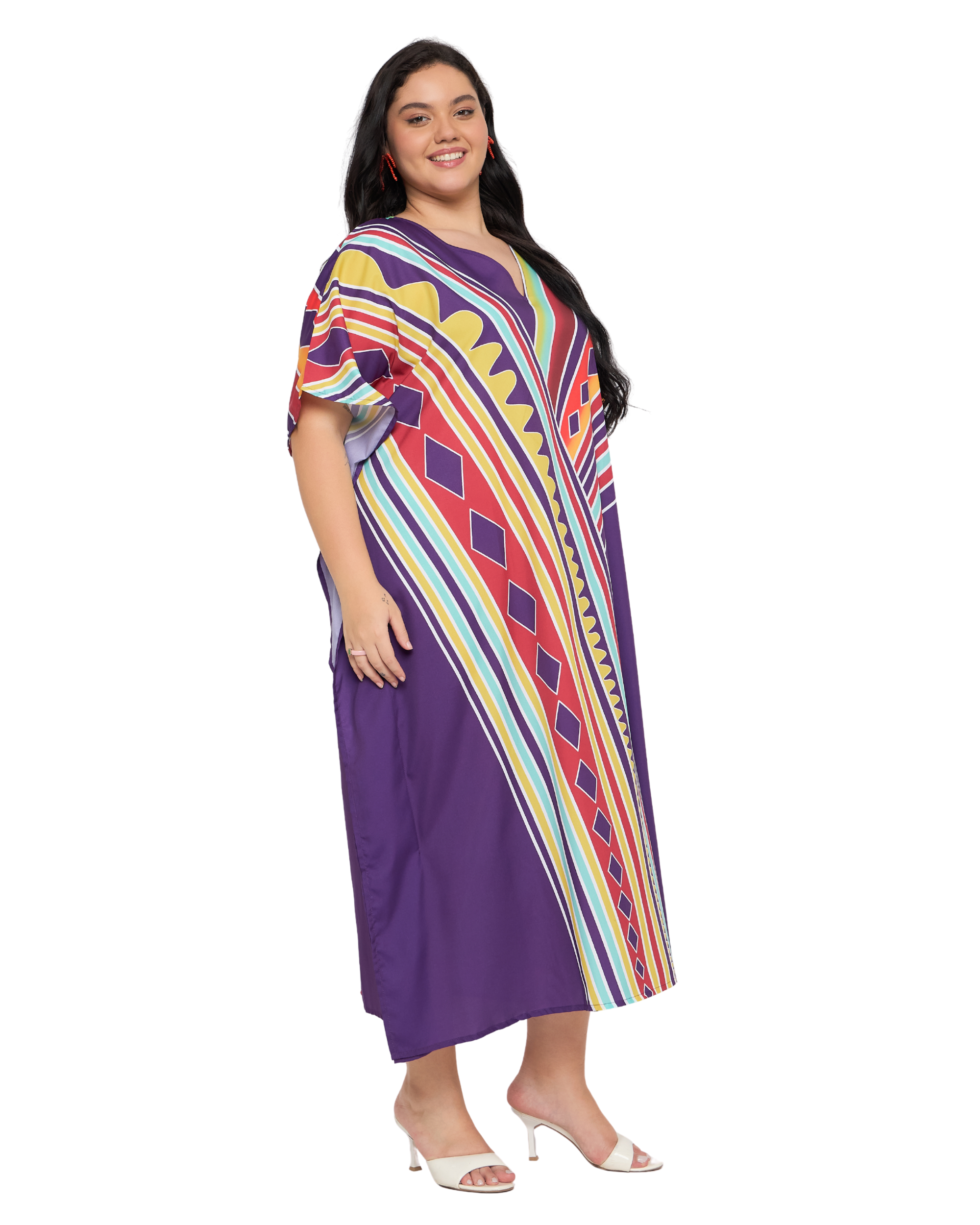 Deep Purple Geometric Polyester Women Plus Size Elegant Caftan Dress