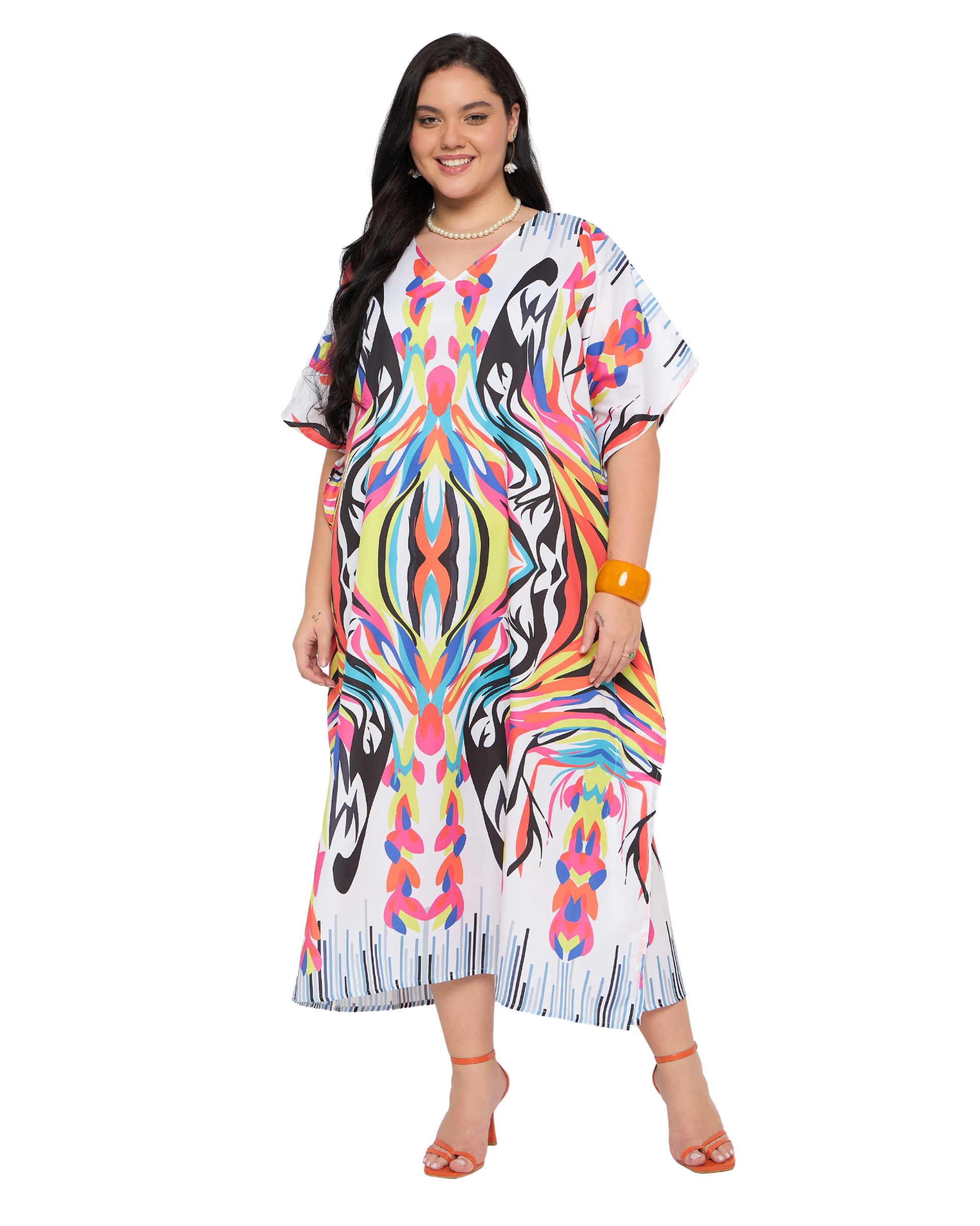 White Abstract Polyester Plus Size Kaftan Evening Dress for Women
