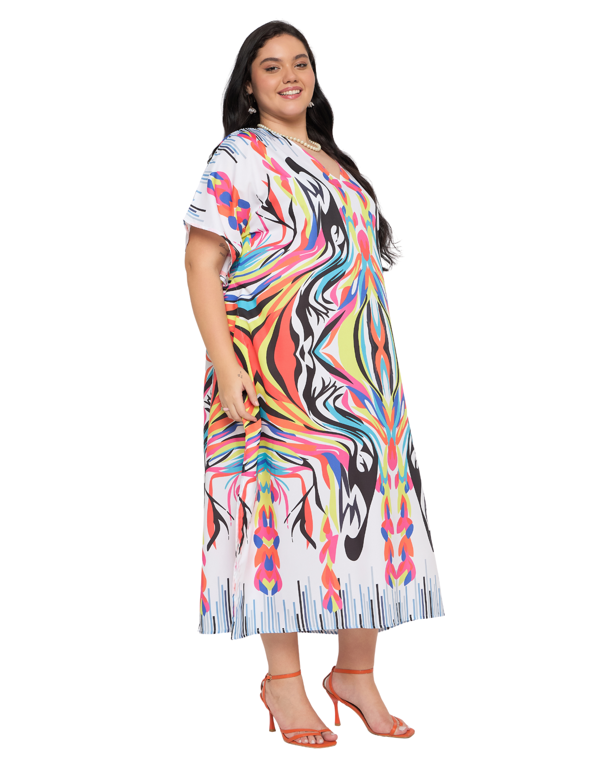 White Abstract Polyester Plus Size Kaftan Evening Dress for Women
