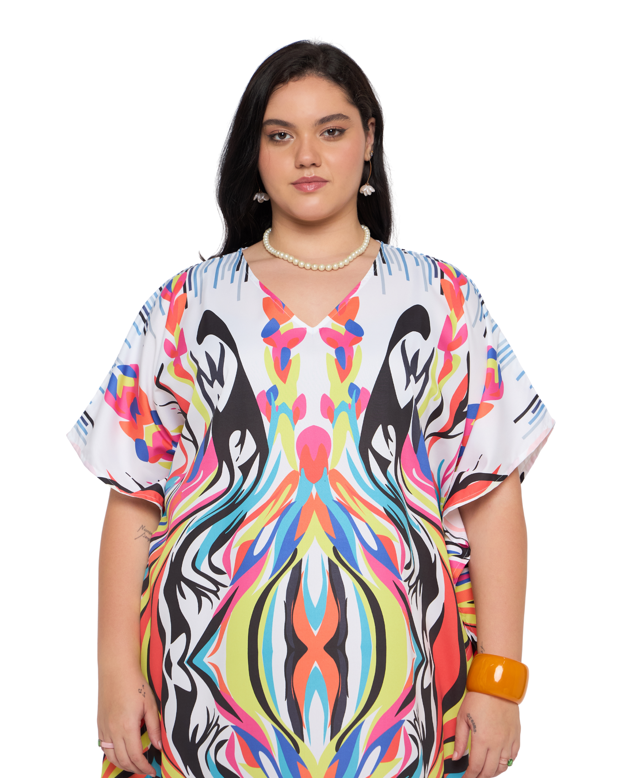 White Abstract Polyester Plus Size Kaftan Evening Dress for Women