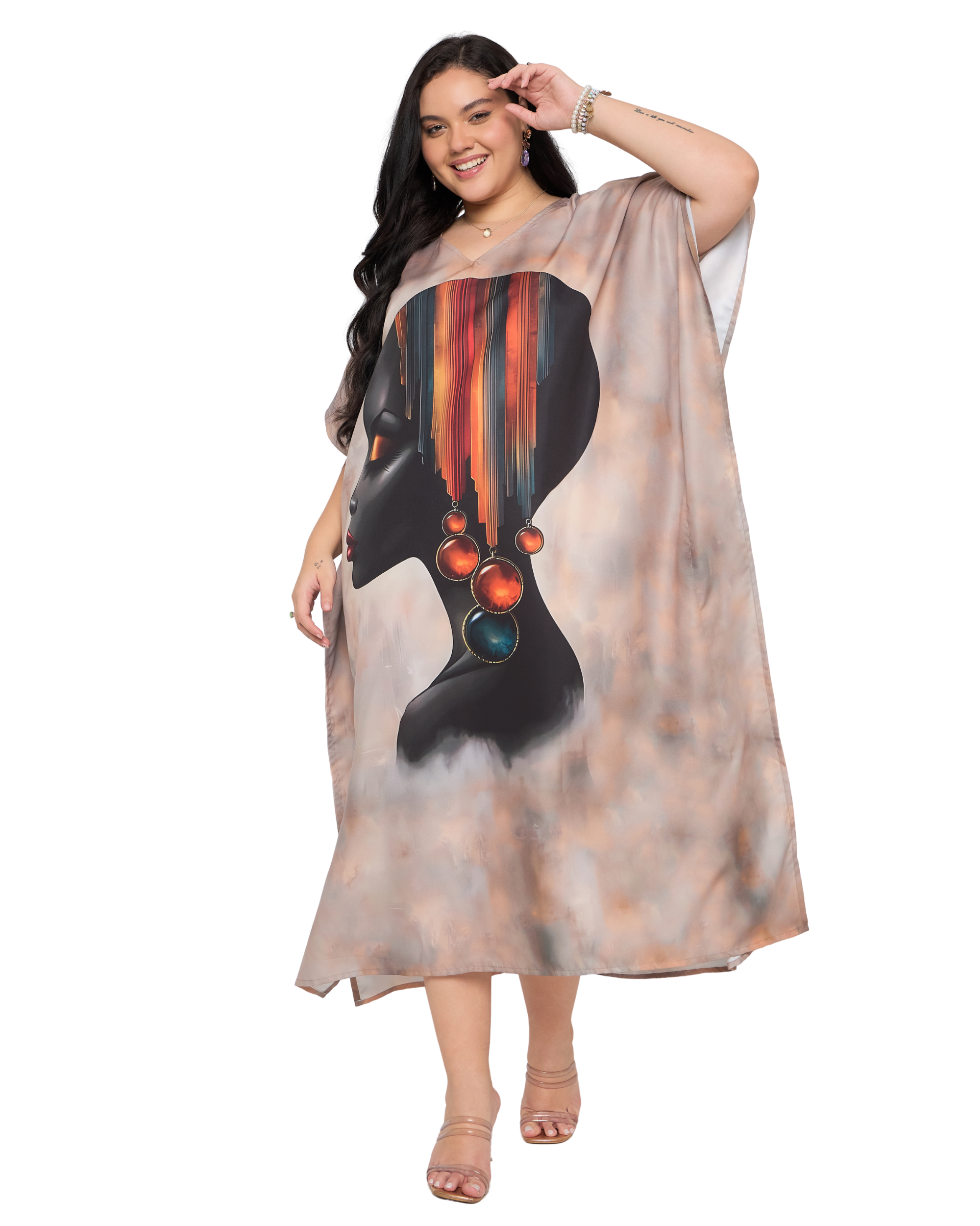 Beige Lady Face Polyester Women Plus Size Kaftan Gown
