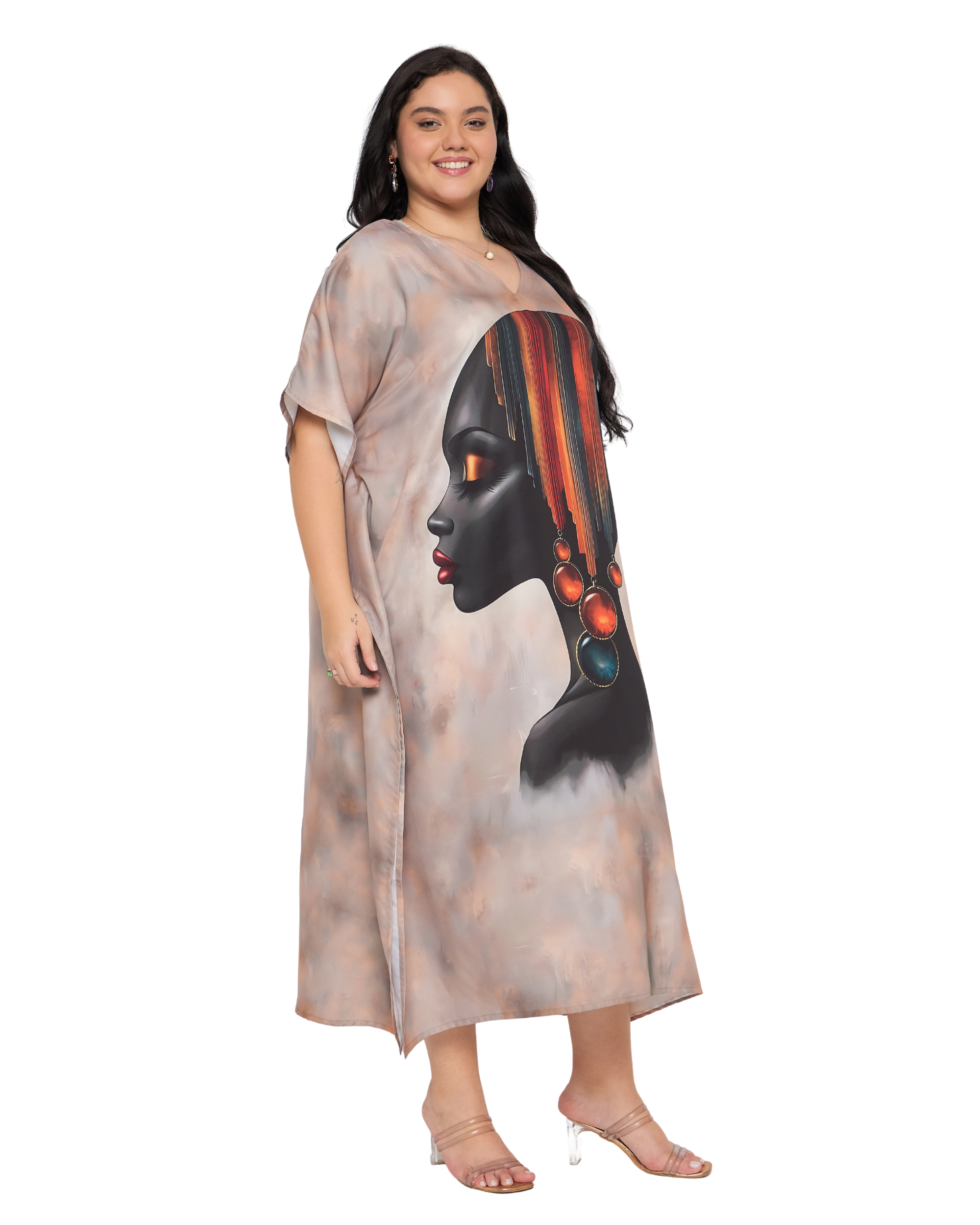 Beige Lady Face Polyester Women Plus Size Kaftan Gown